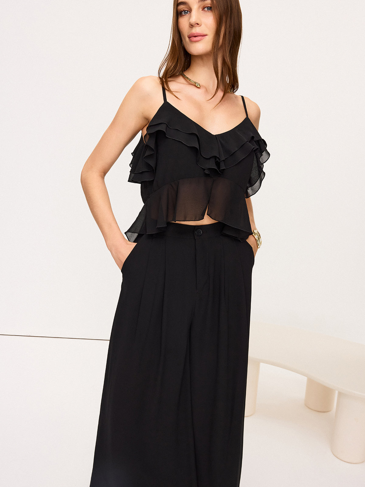 Chiffon Ruffle Top and Wide-Leg Pants Set-Massicos