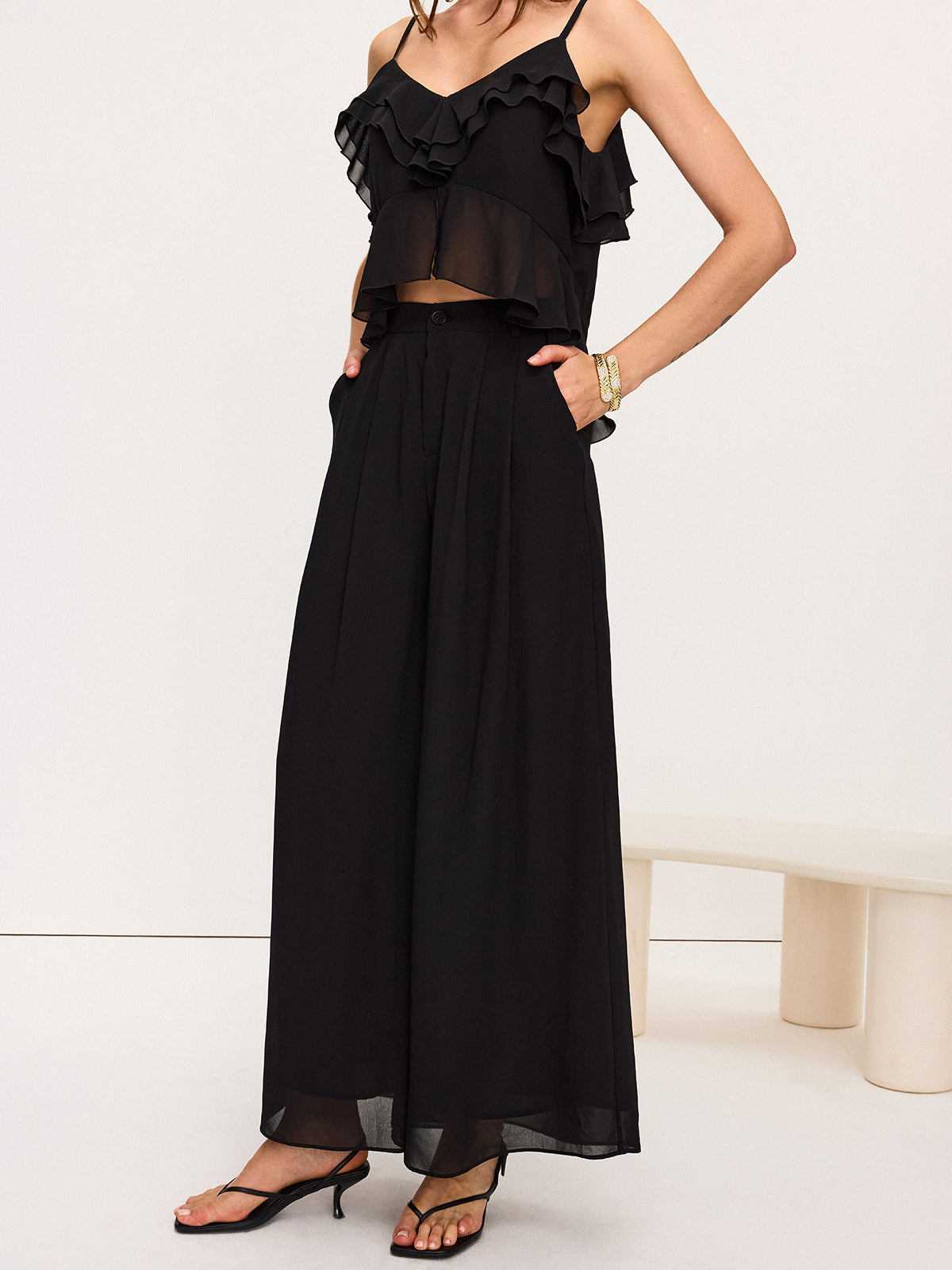 Chiffon Ruffle Top and Wide-Leg Pants Set-Massicos