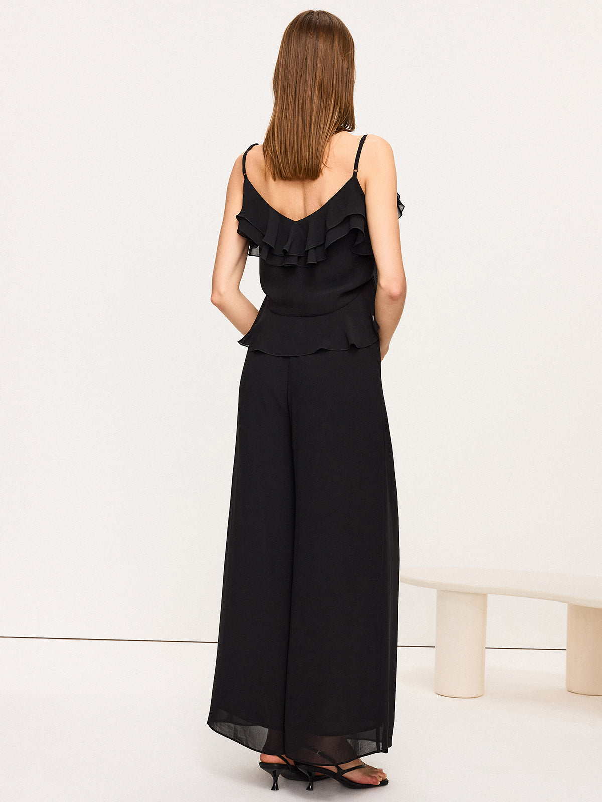 Chiffon Ruffle Top and Wide-Leg Pants Set-Massicos
