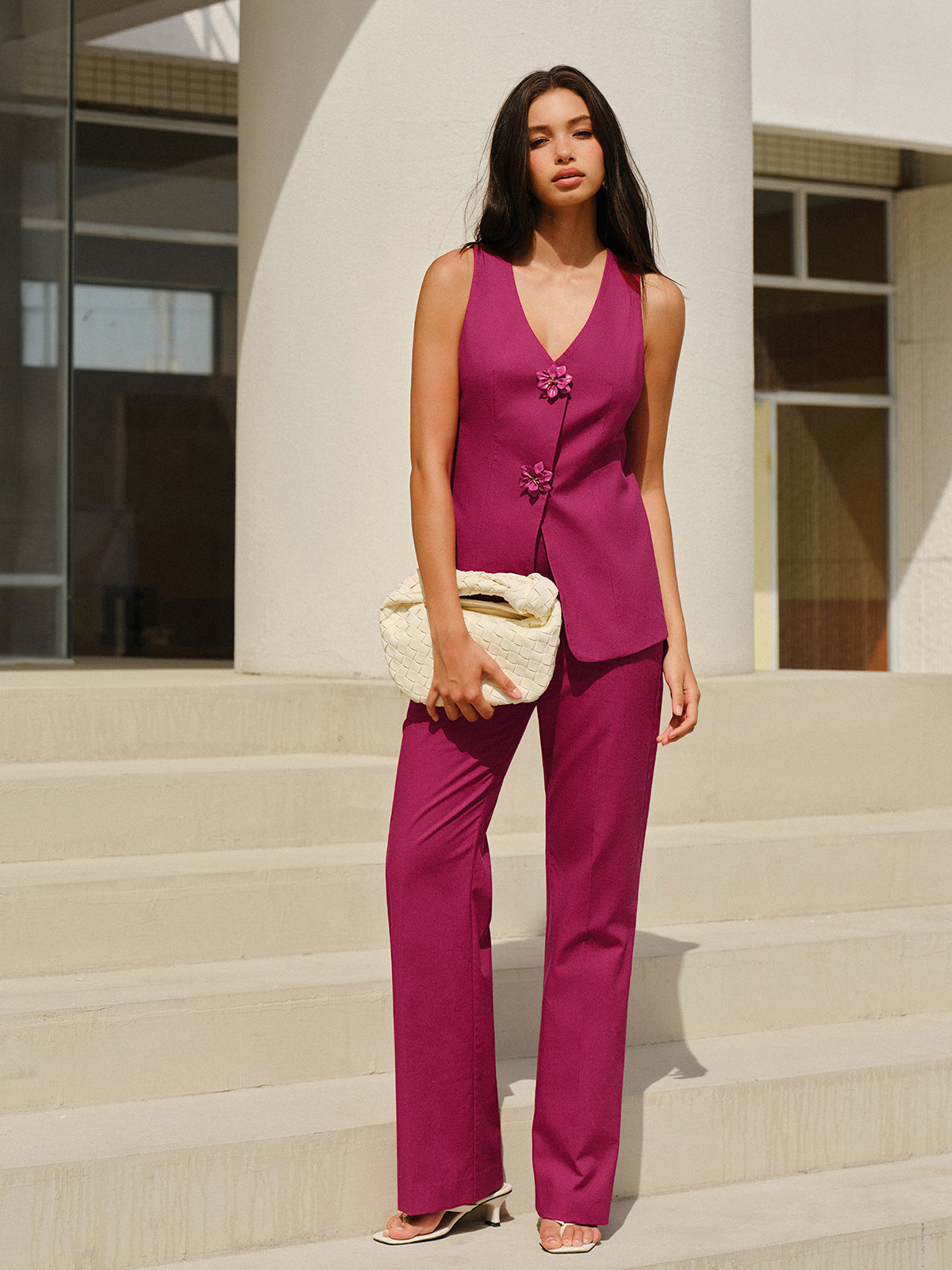 Sleeveless V-Neck Pants Set With Floral Buttons-Massicos