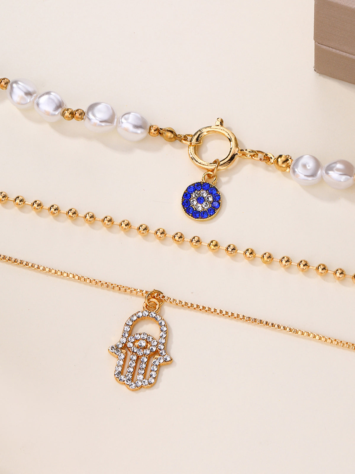 Pearl & Hamsa Hand Multi-Layer Necklace Set-Massicos