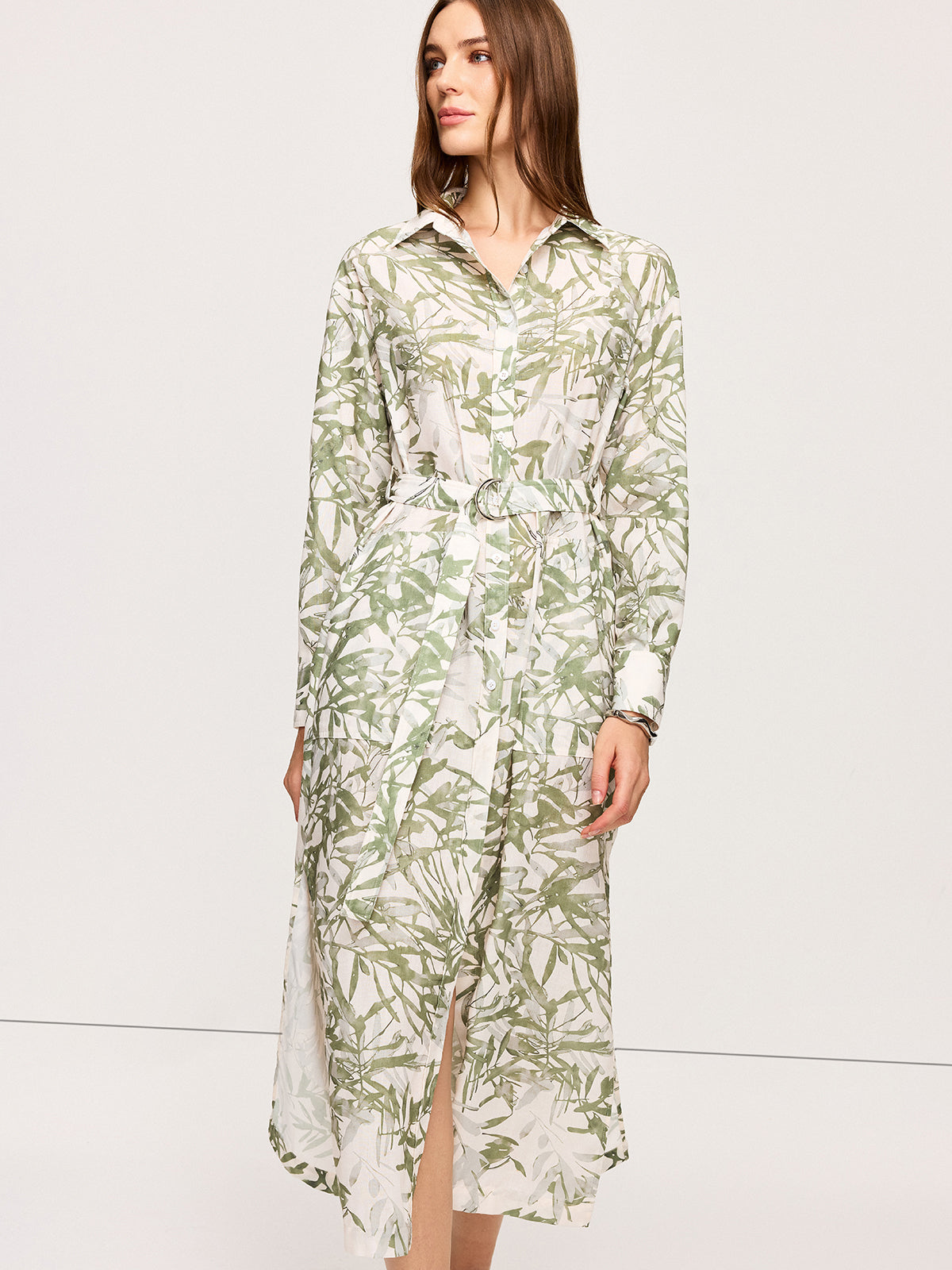 Leaf Printed  Belted Midi Dress with Slits-Massicos