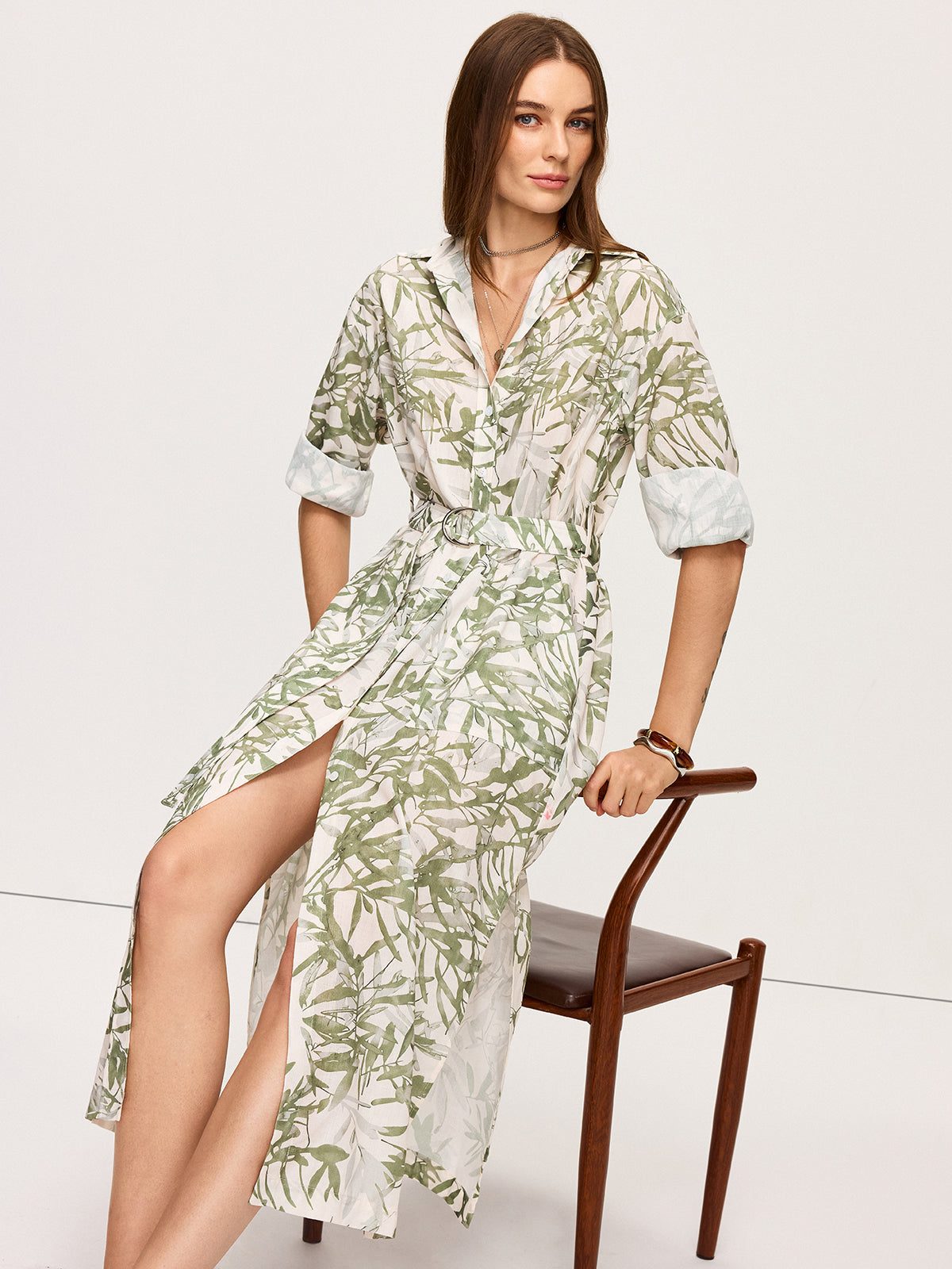 Leaf Printed  Belted Midi Dress with Slits-Massicos