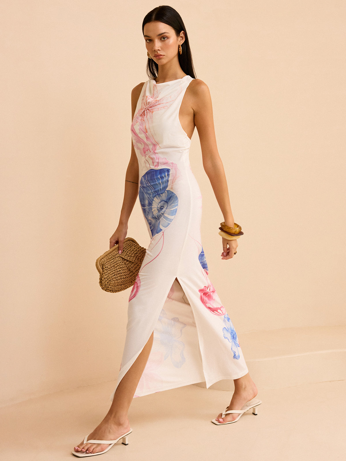 Semi-Sheer Ocean Print Maxi Dress with Slit-Massicos