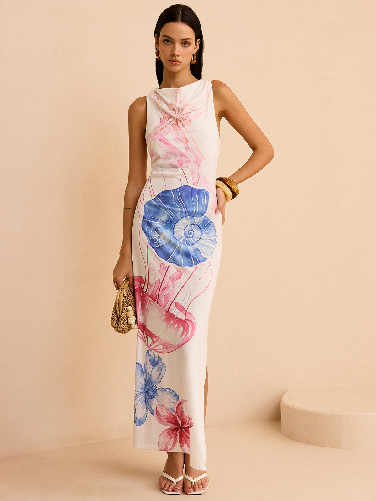 Semi-Sheer Ocean Print Maxi Dress with Slit-Massicos