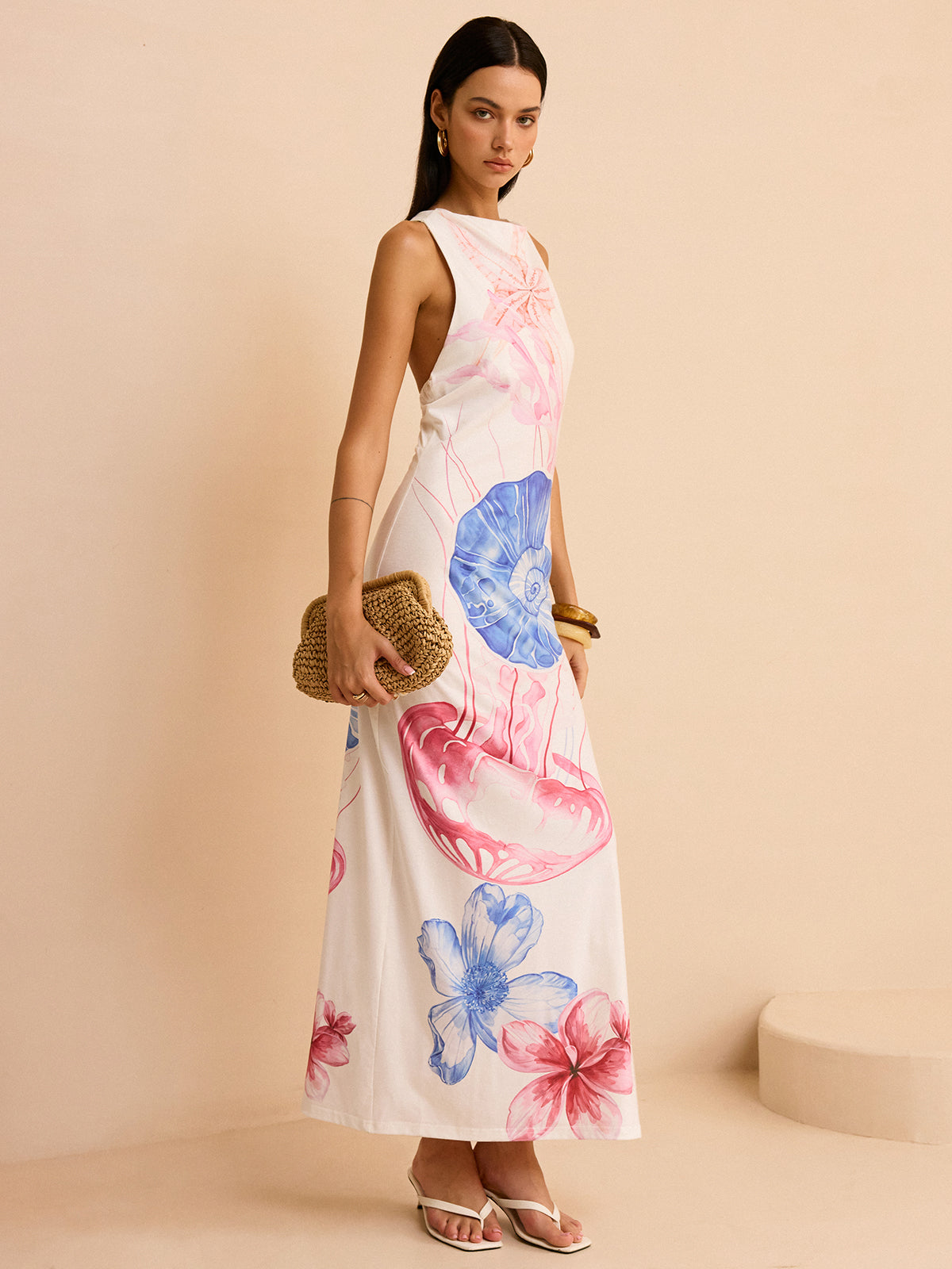 Semi-Sheer Ocean Print Maxi Dress with Slit-Massicos