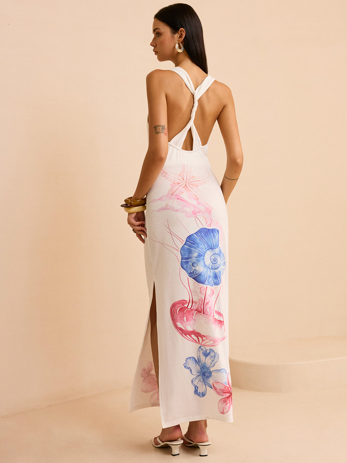 Semi-Sheer Ocean Print Maxi Dress with Slit-Massicos