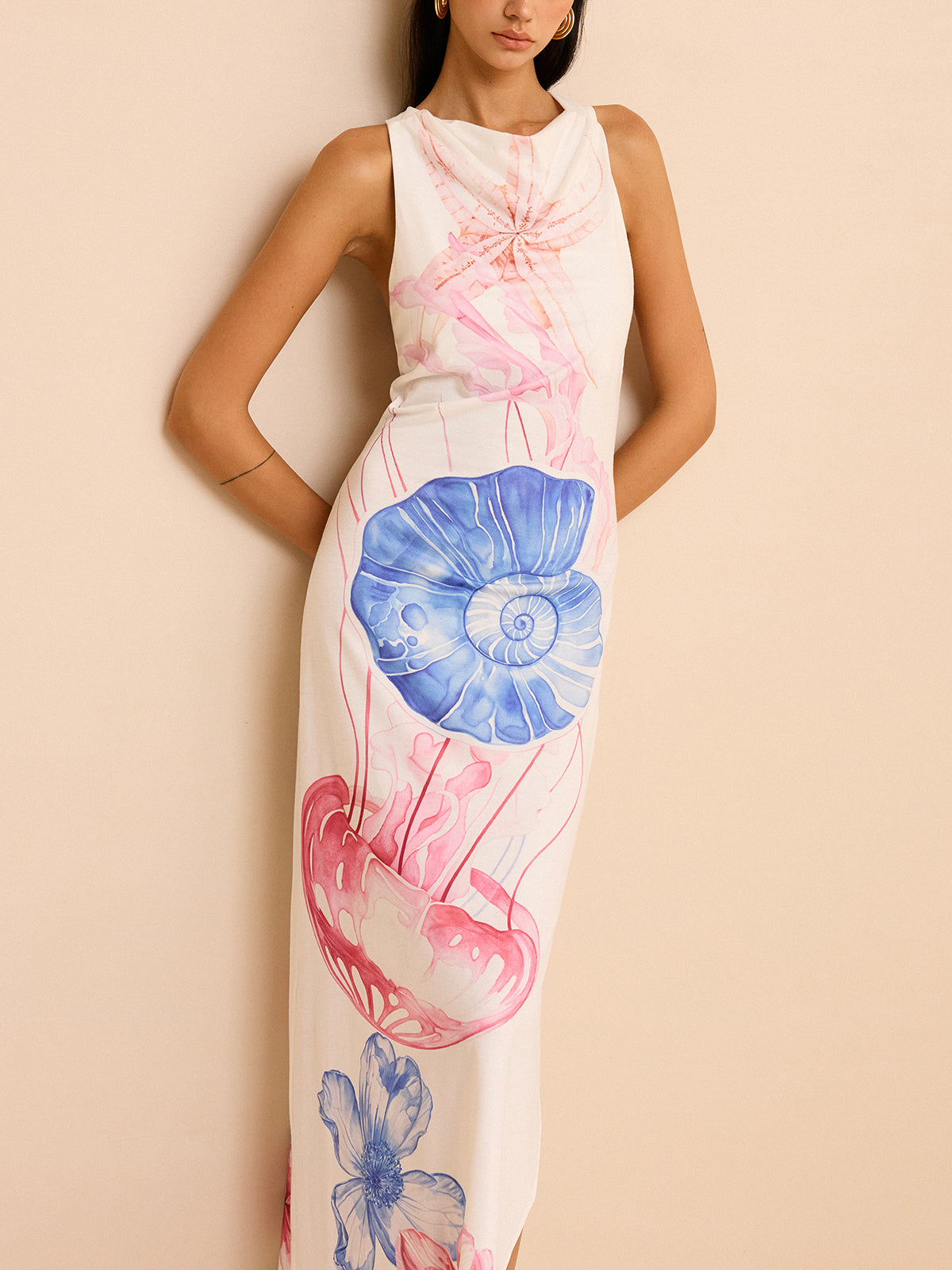 Semi-Sheer Ocean Print Maxi Dress with Slit-Massicos