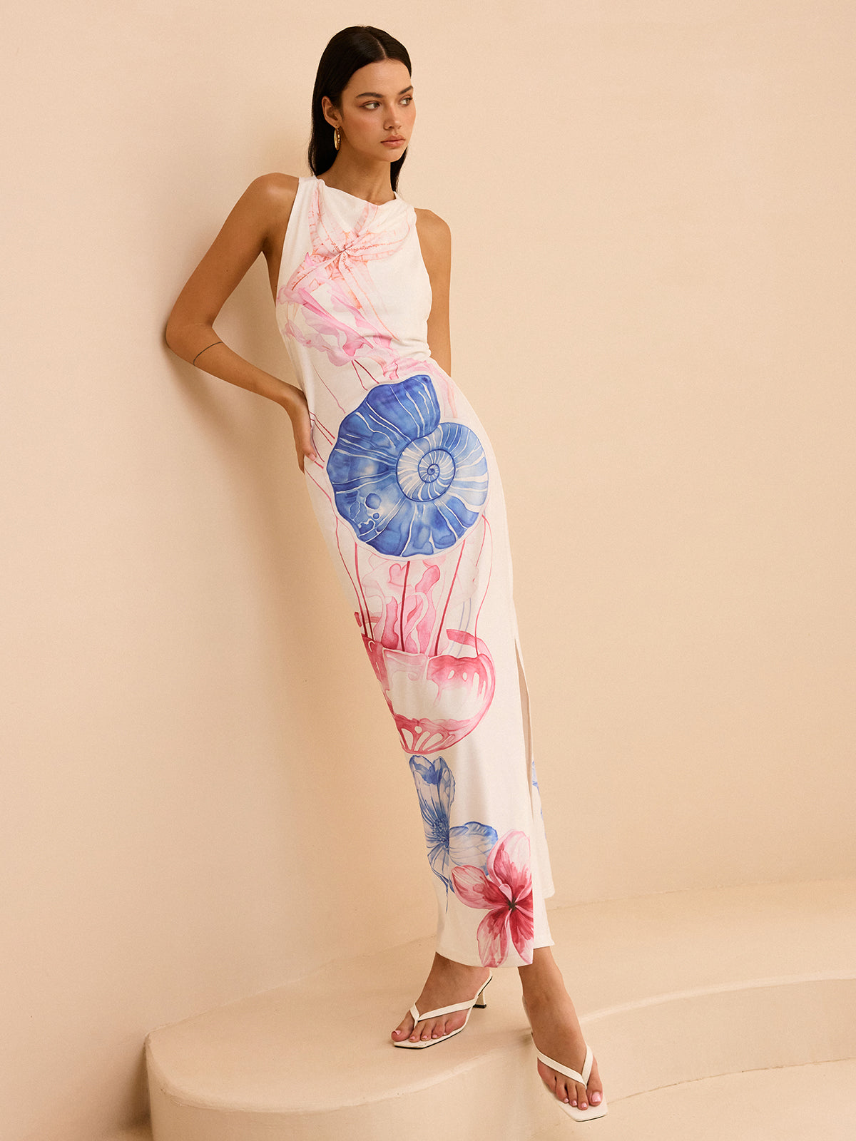 Semi-Sheer Ocean Print Maxi Dress with Slit-Massicos