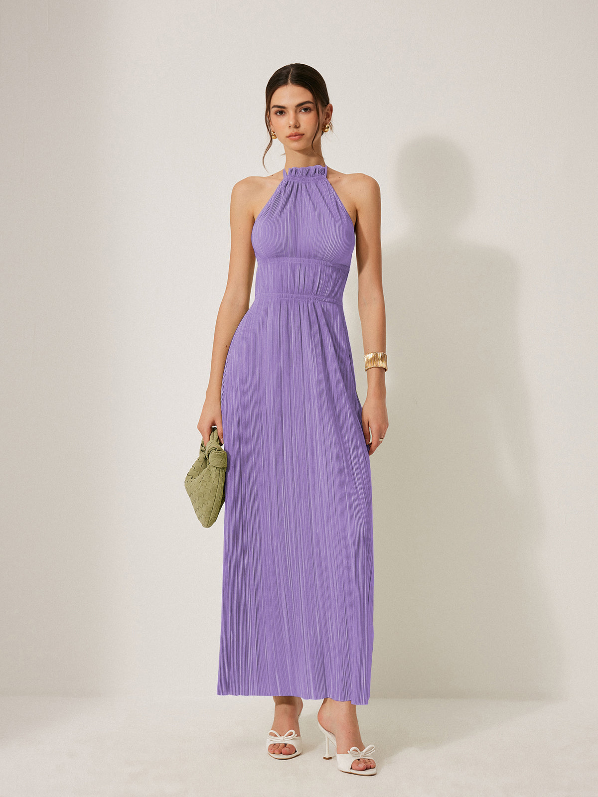 Pleated Halter Backless Dress-Massicos
