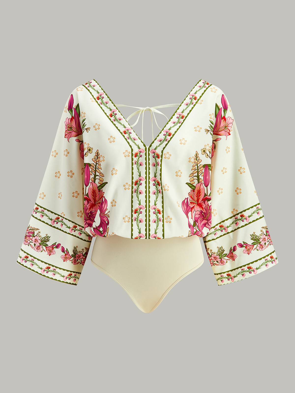 Floral Print V-Neck Tie-Back Bodysuit-Massicos