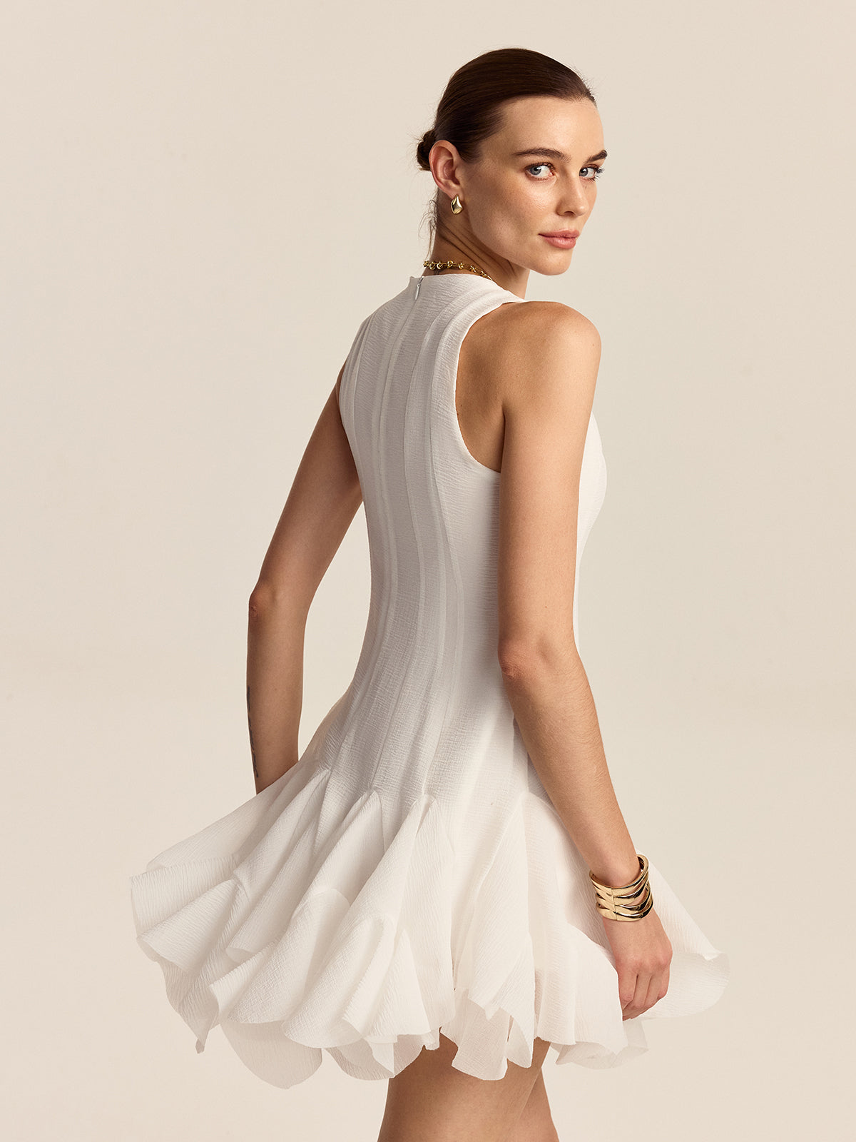 Semi-Sheer Ruffled Hem Mini Dress-Massicos