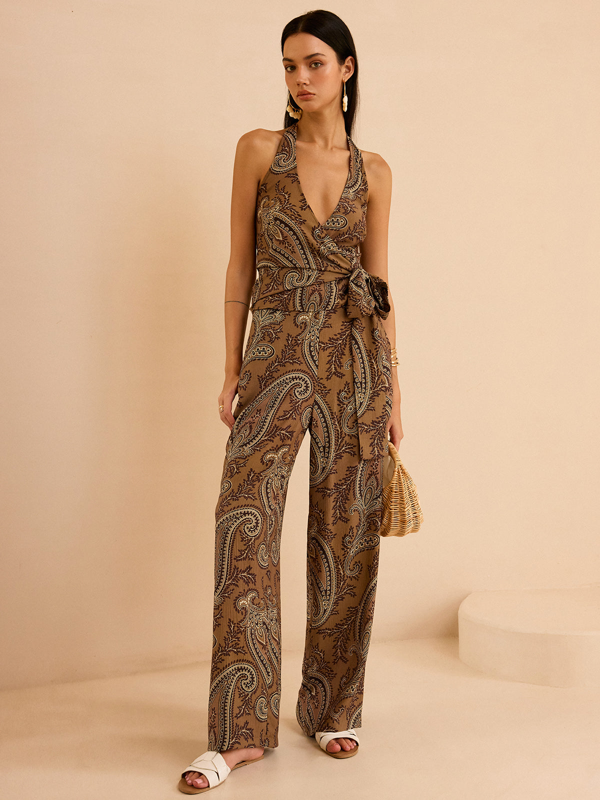 Paisley Print Halter Top and Pants Set-Massicos