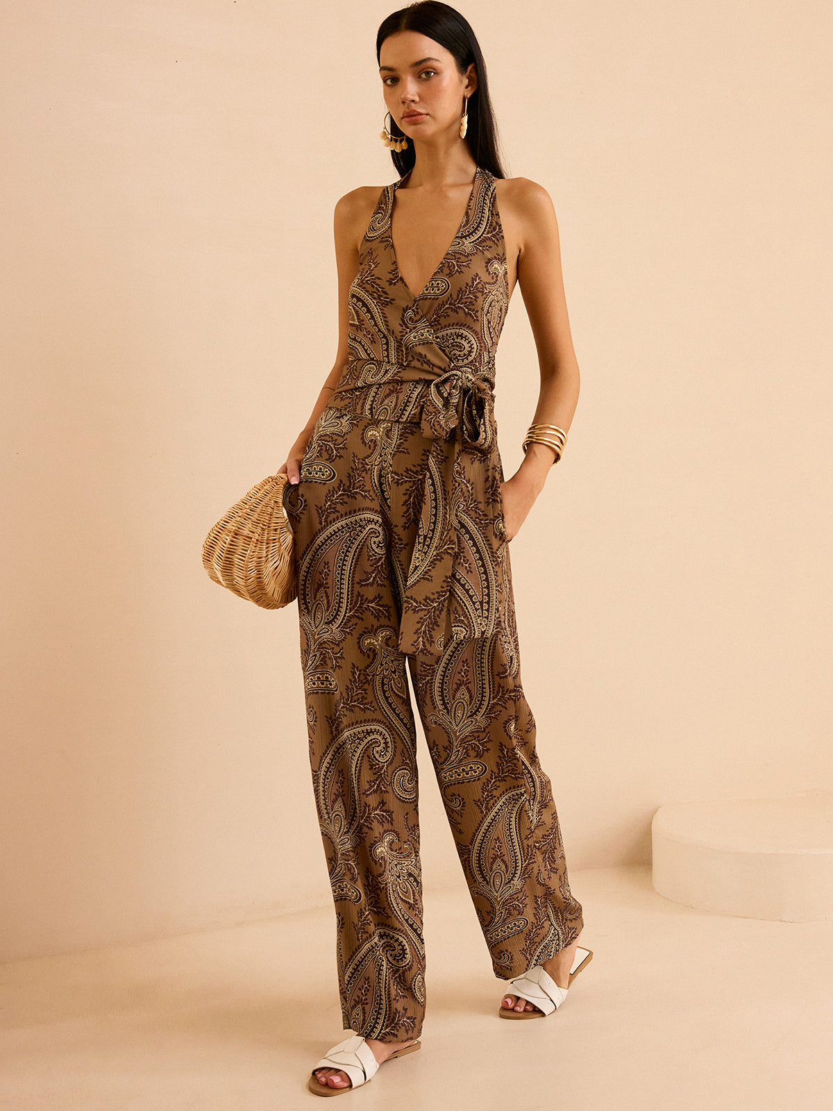 Paisley Print Halter Top and Pants Set-Massicos
