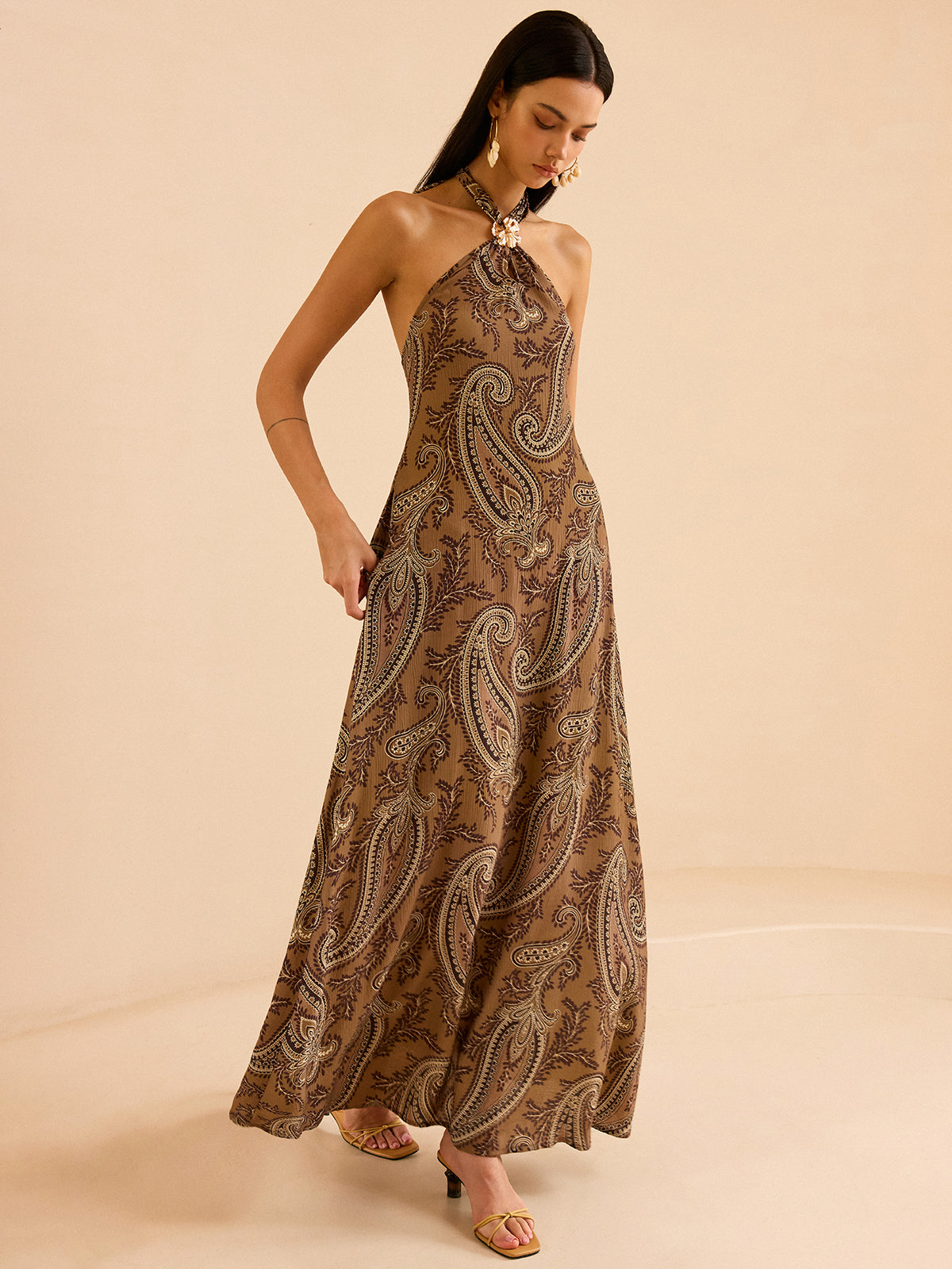 Paisley Print Halter Backless Maxi Dress-Massicos