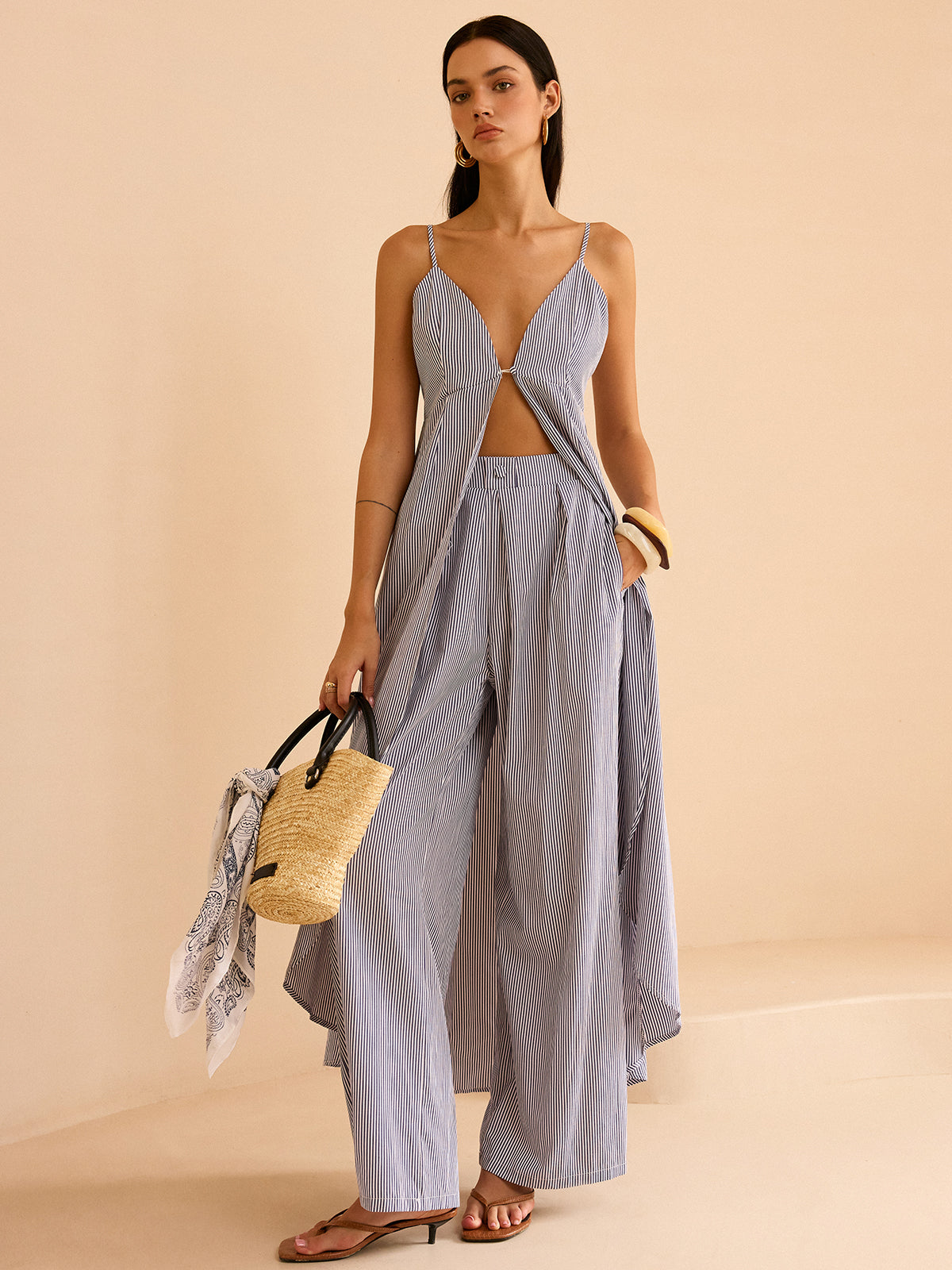 Striped Long Cami Top and Wide-Leg Pants Set-Massicos