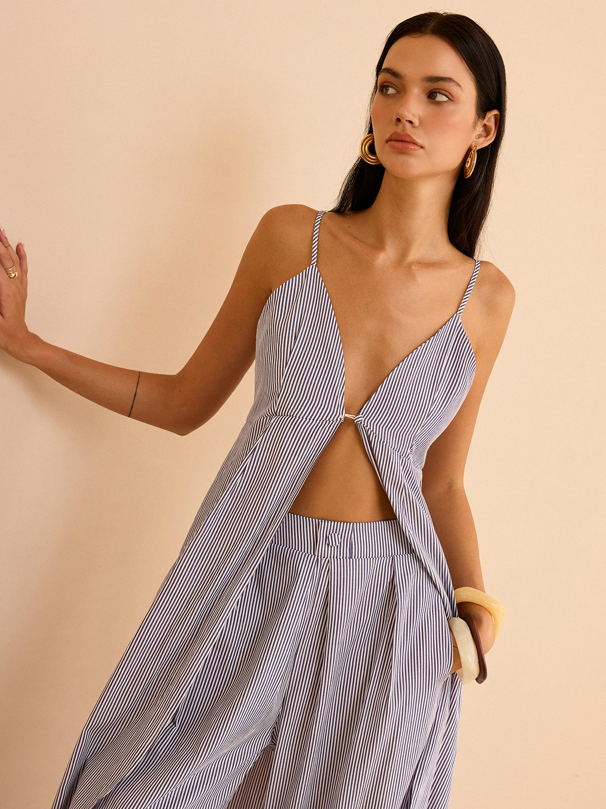 Striped Long Cami Top and Wide-Leg Pants Set-Massicos