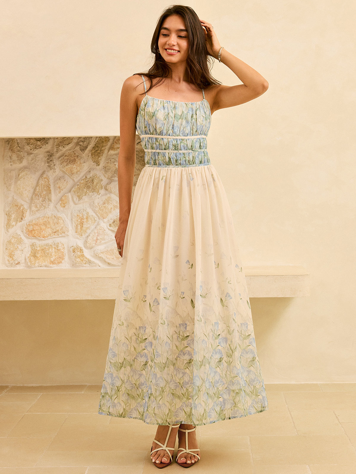 Semi-Sheer Floral Print Pleat Waist Tiered Maxi Dress-Massicos