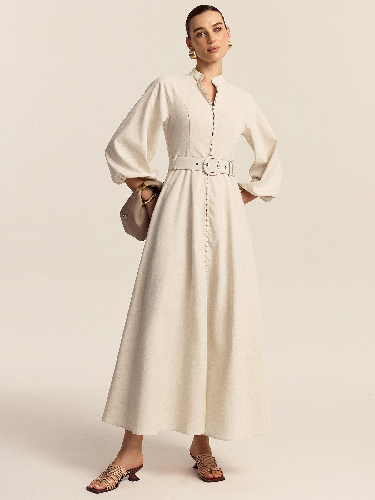 Belted Button Front Maxi Dress-Massicos