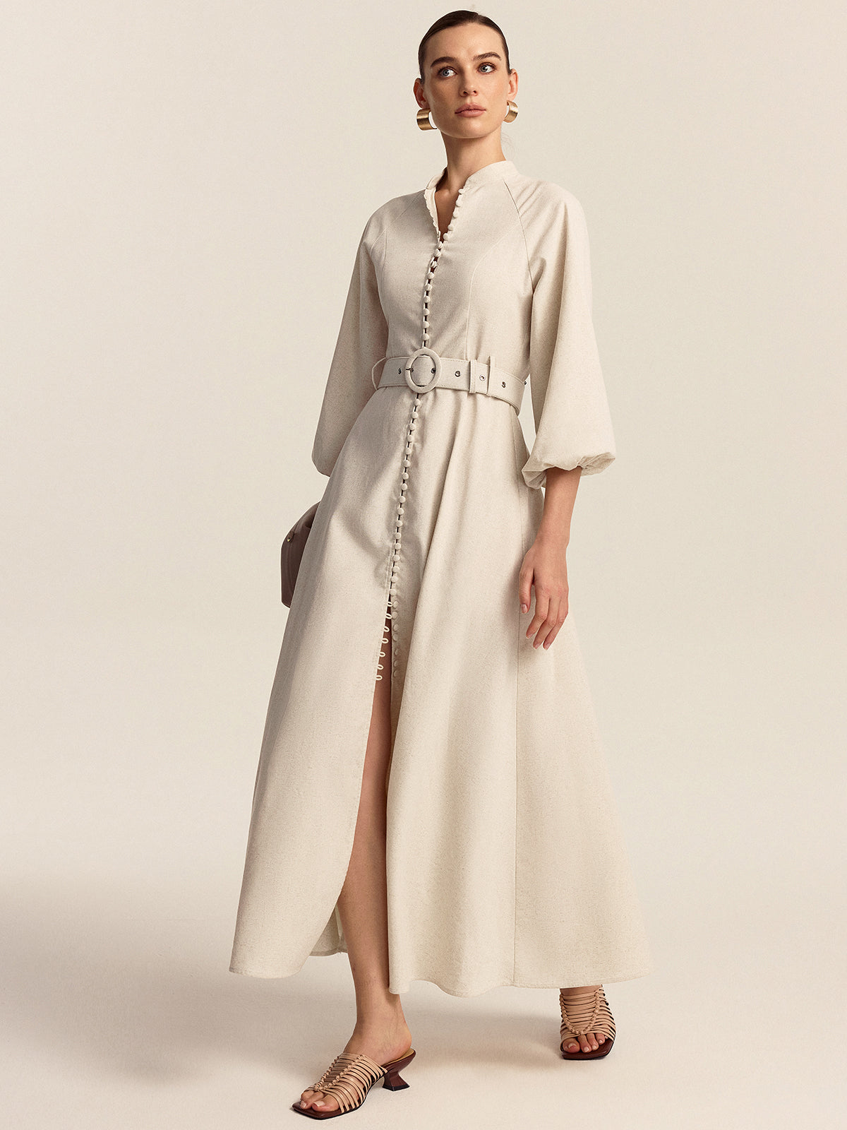 Belted Button Front Maxi Dress-Massicos