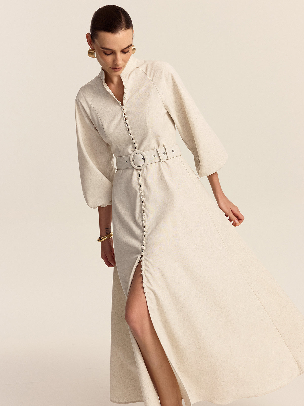 Belted Button Front Maxi Dress-Massicos
