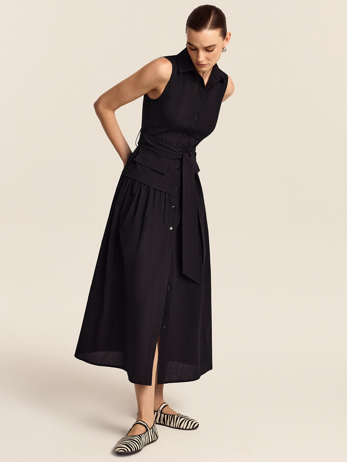Button-Front Midi Dress with Belt-Massicos