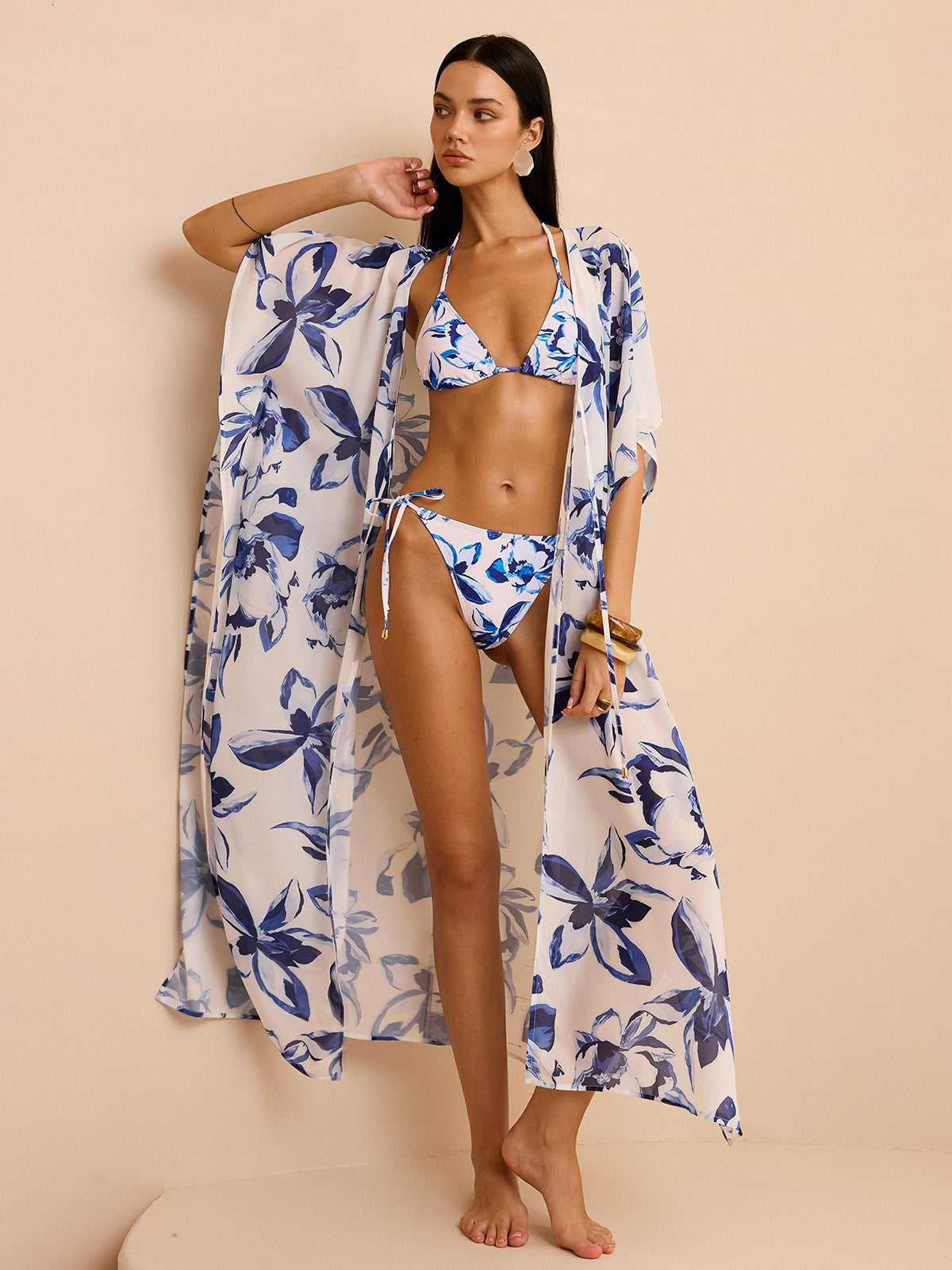 Sheer Floral Kimono Cover Up with Tie-Front-Massicos