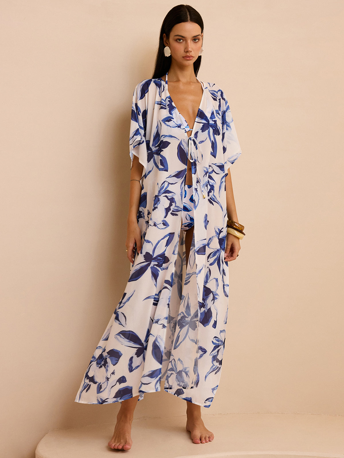 Sheer Floral Kimono Cover Up with Tie-Front-Massicos