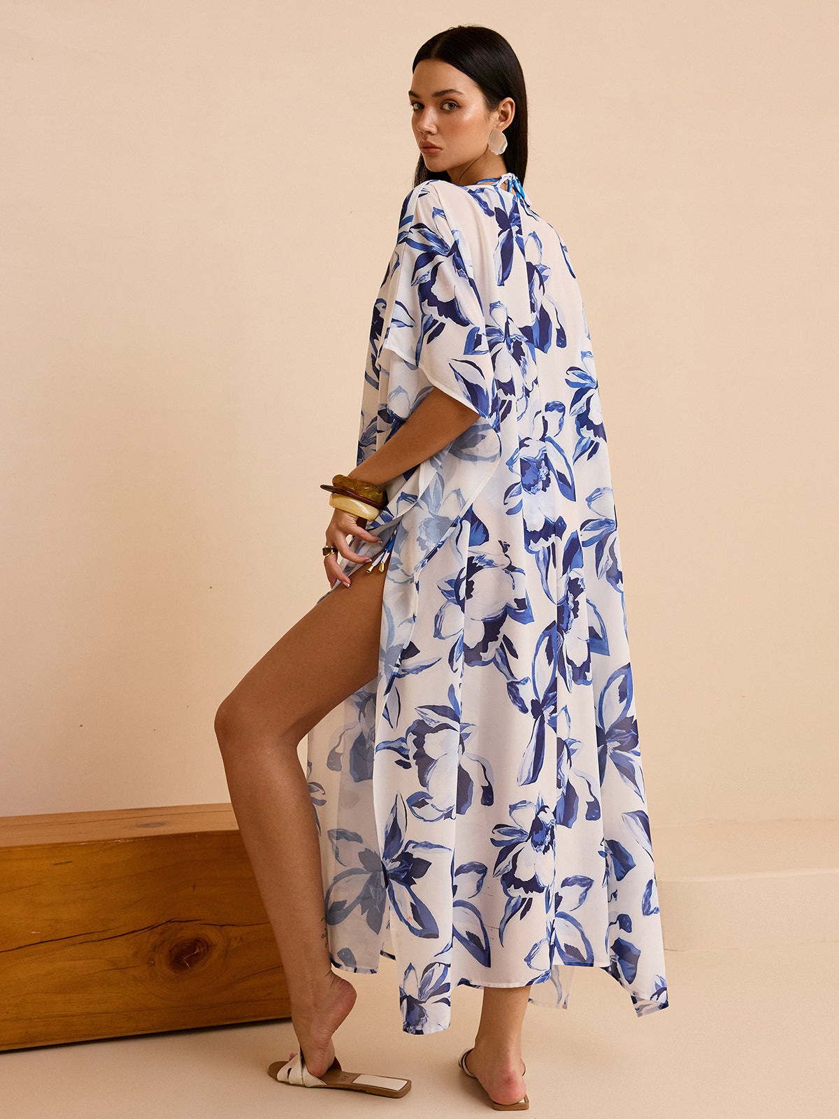 Sheer Floral Kimono Cover Up with Tie-Front-Massicos