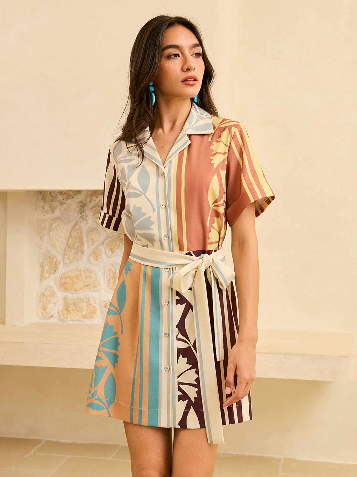 Abstract Print Belted Striped Dress-Massicos