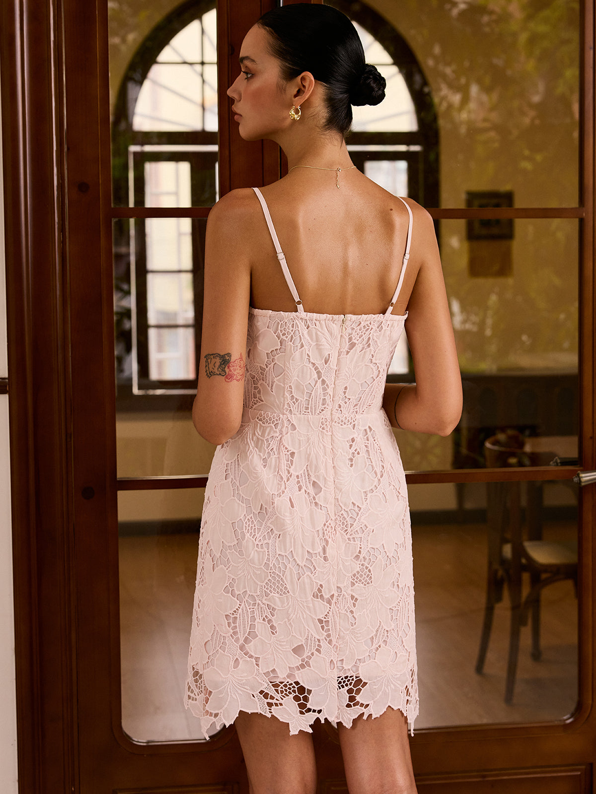Semi-Sheer Lace Overlay Cami Dress-Massicos
