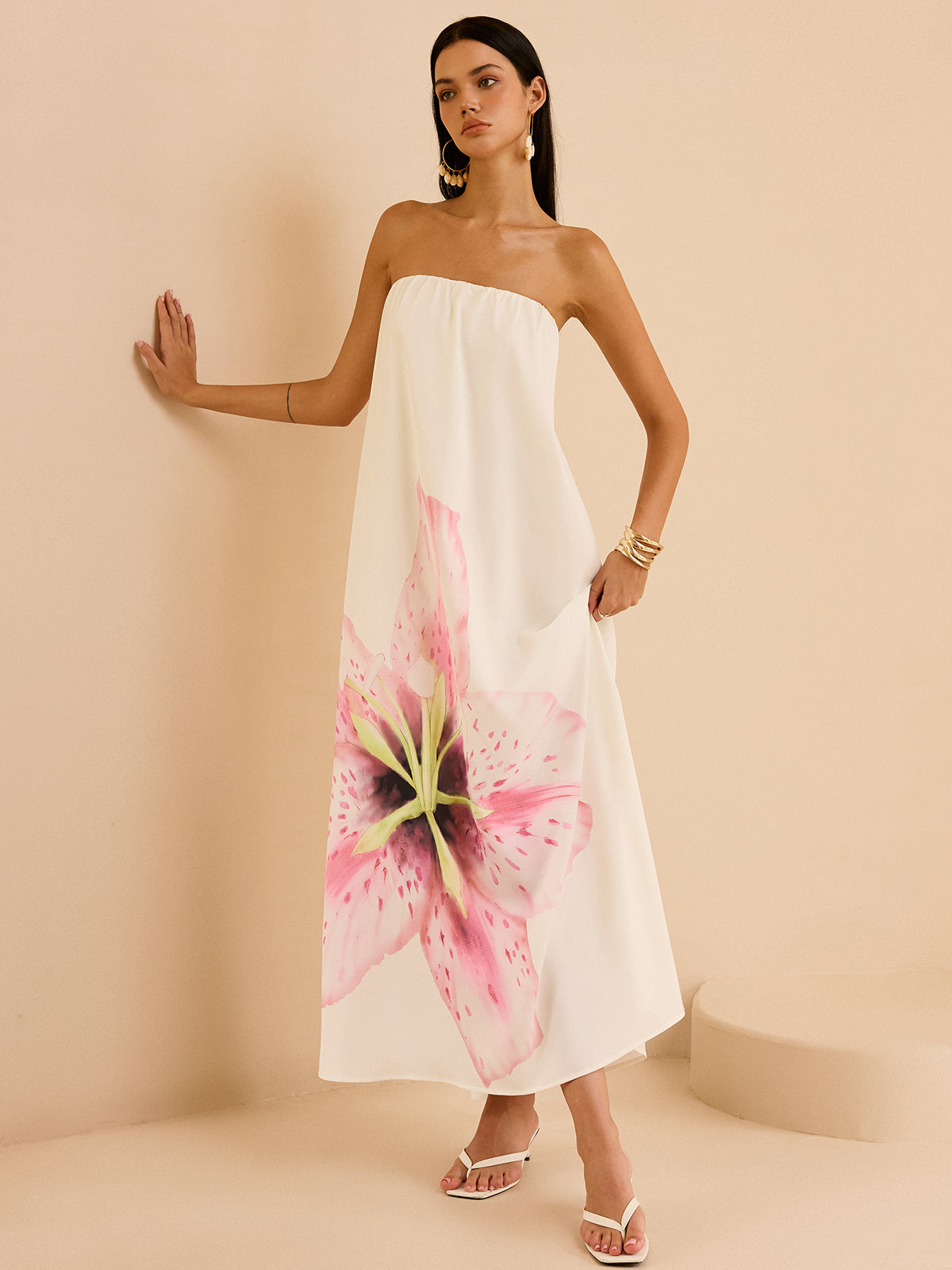 Strapless Floral Print Maxi Dress-Massicos