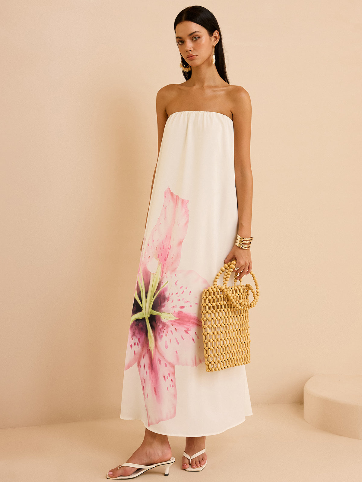 Strapless Floral Print Maxi Dress-Massicos