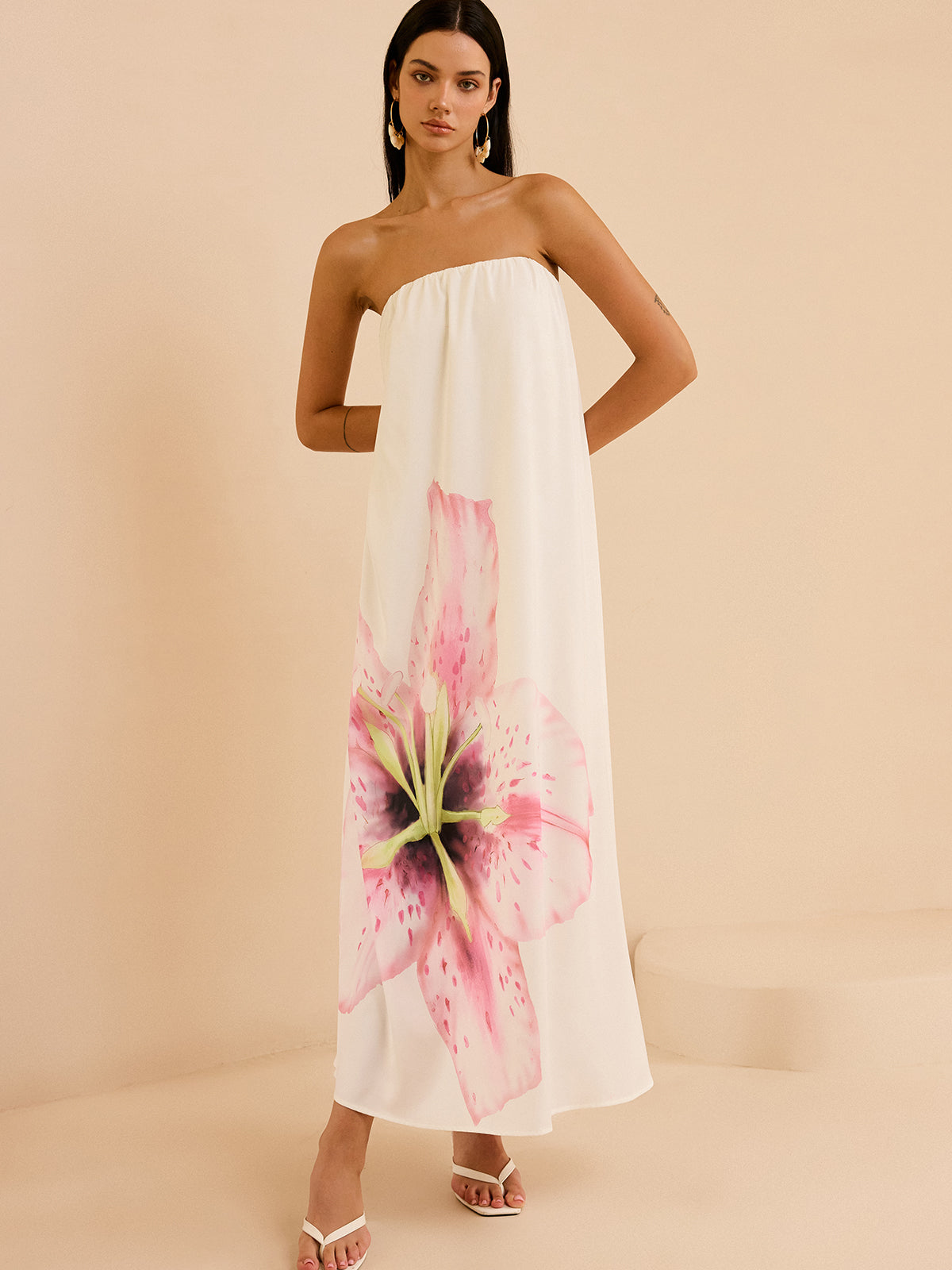 Strapless Floral Print Maxi Dress-Massicos