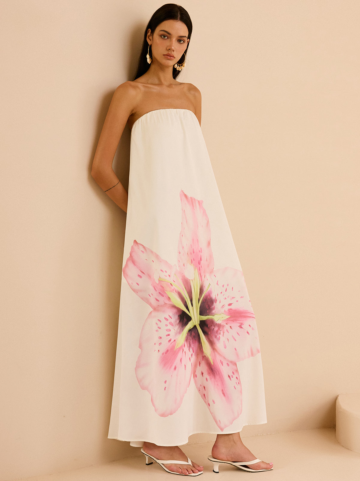 Strapless Floral Print Maxi Dress-Massicos