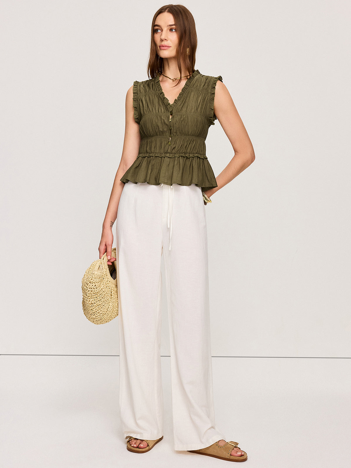 Ruffled V-Neck Peplum Top-Massicos