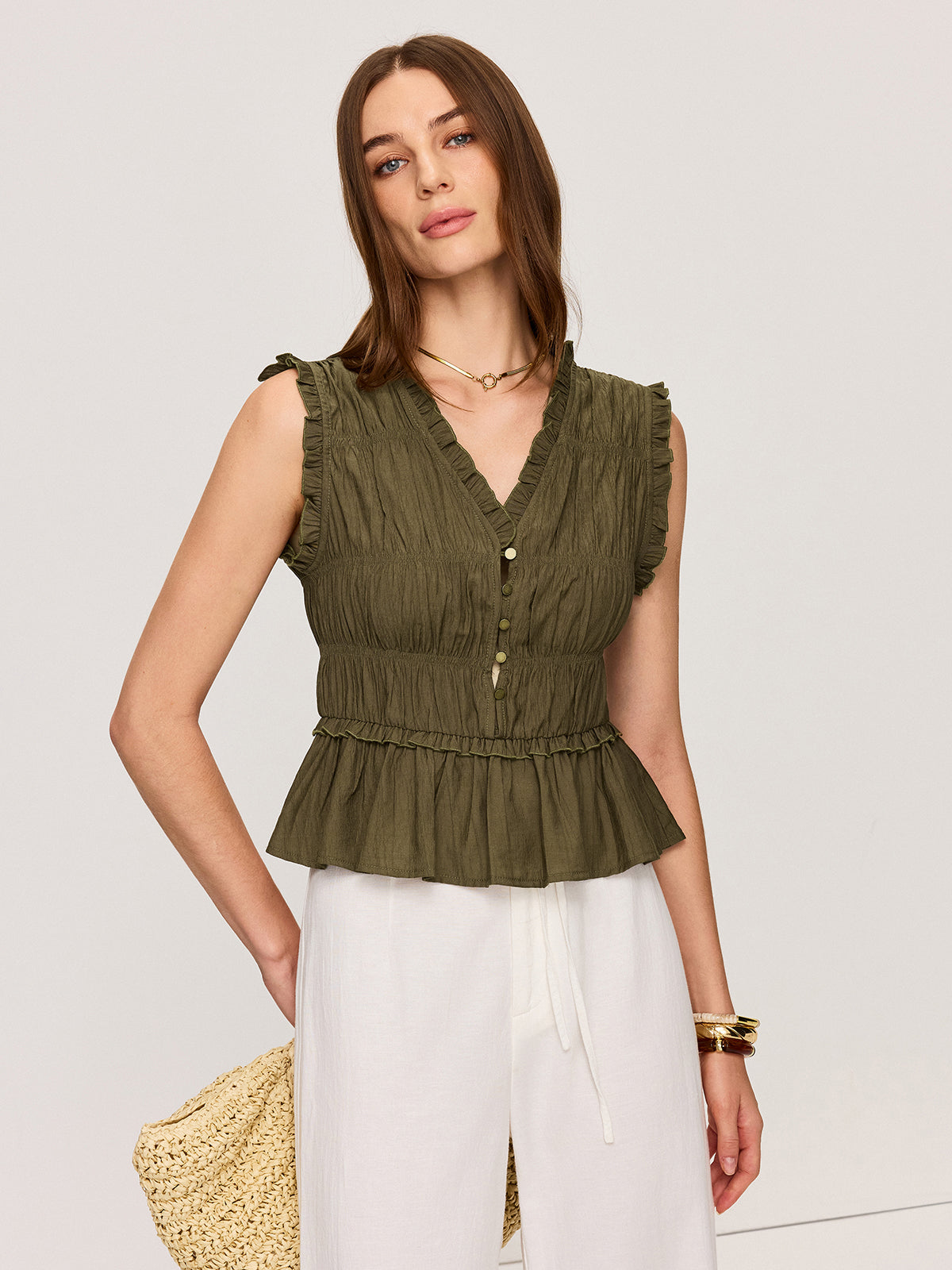 Ruffled V-Neck Peplum Top-Massicos