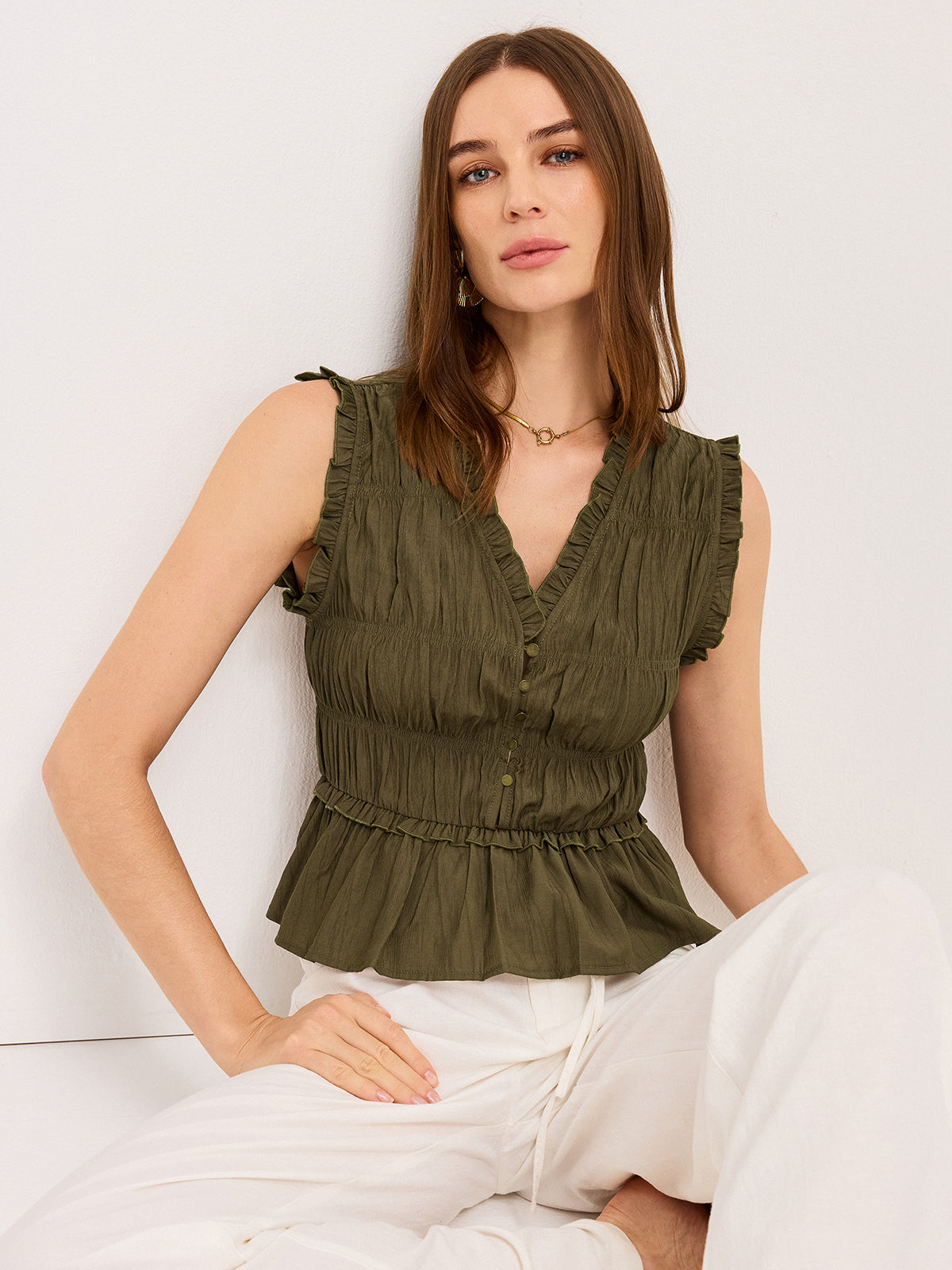 Ruffled V-Neck Peplum Top-Massicos