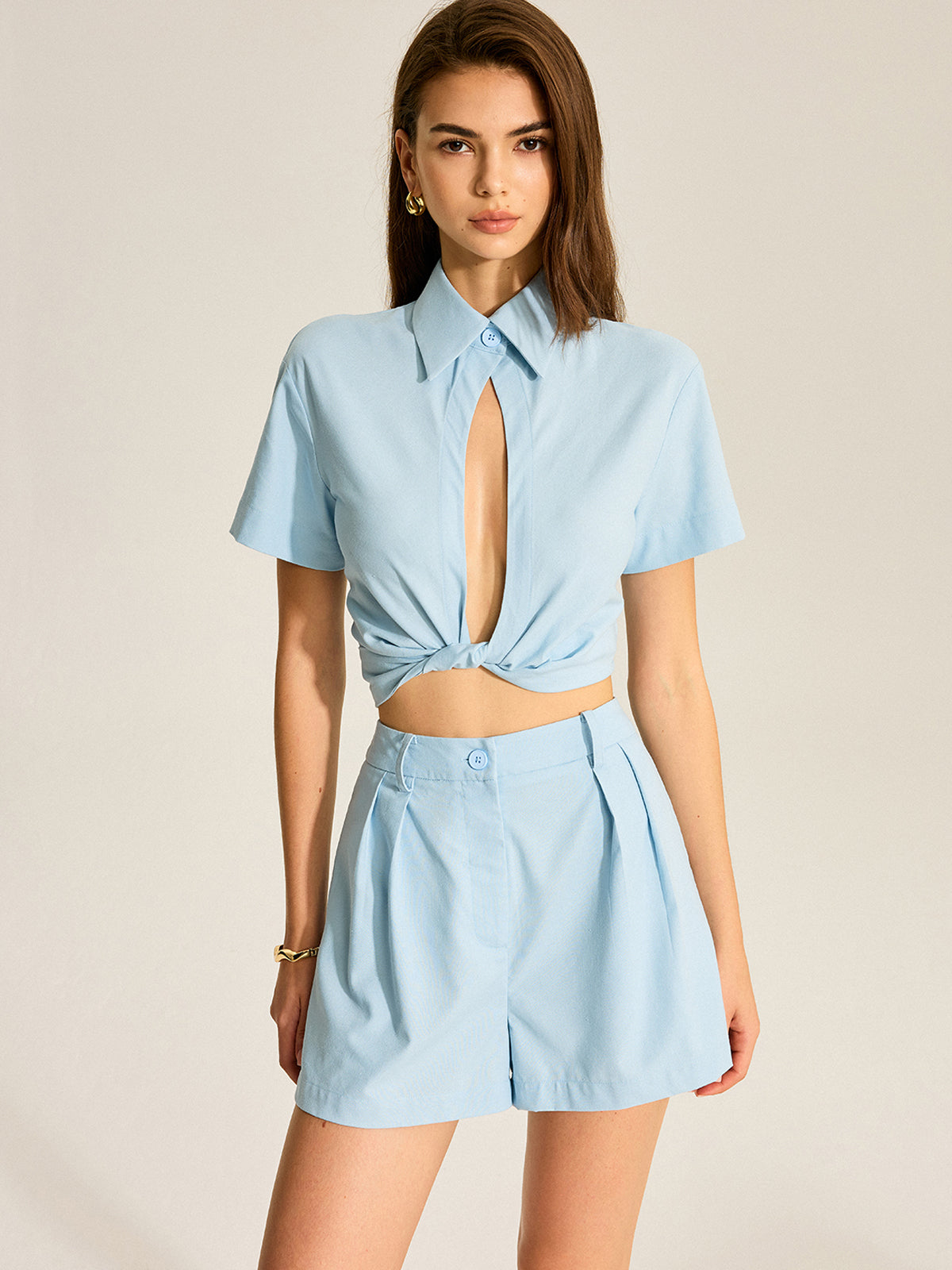 Tie-Front Cropped Shirt and Pocketed Shorts Set-Massicos