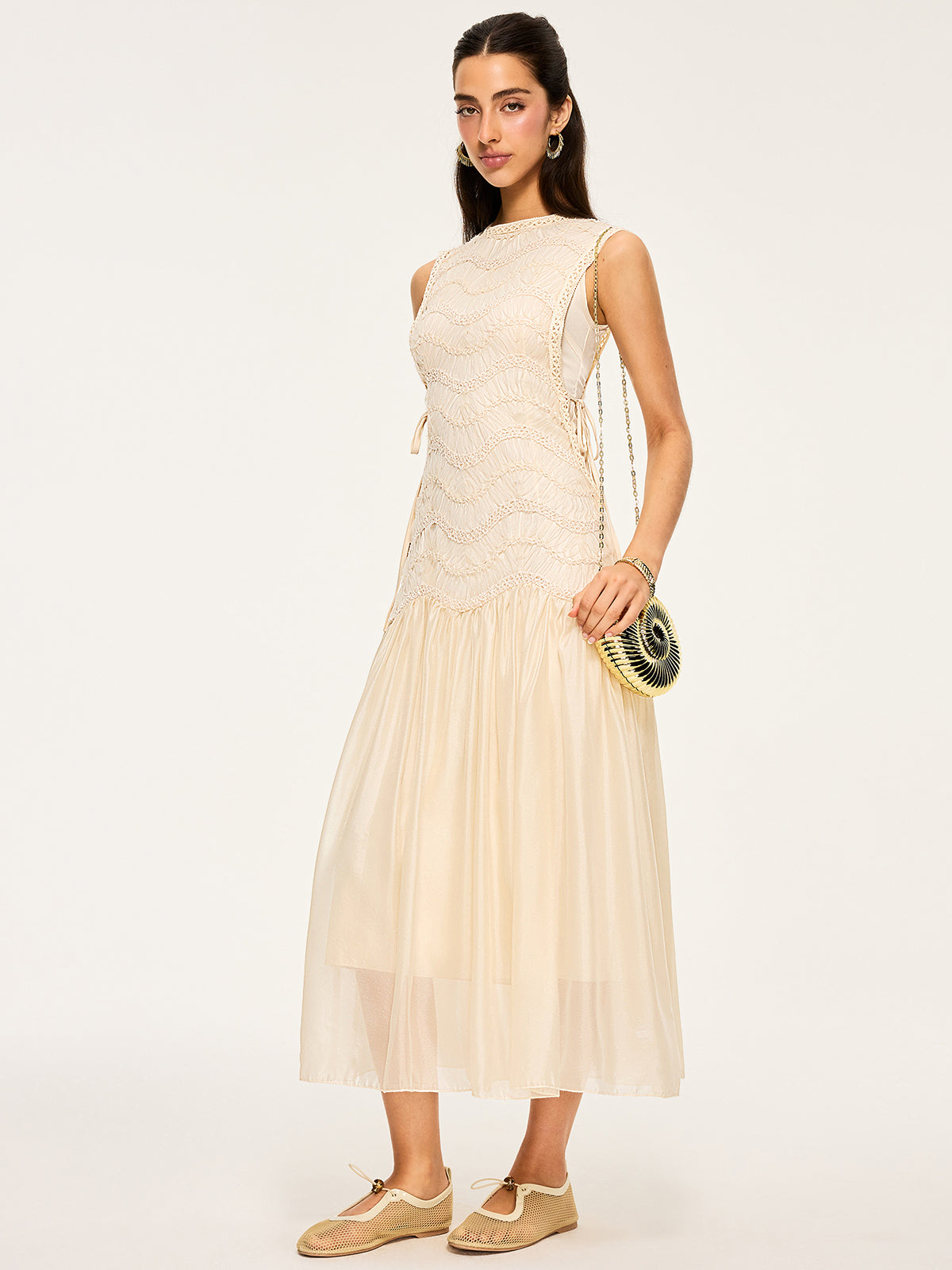 Semi-Sheer Textured Fabric Panel Tulle Dress-Massicos