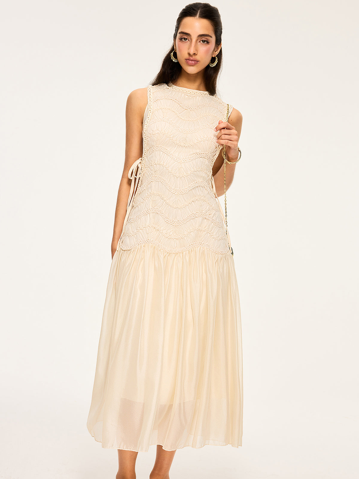 Semi-Sheer Textured Fabric Panel Tulle Dress-Massicos