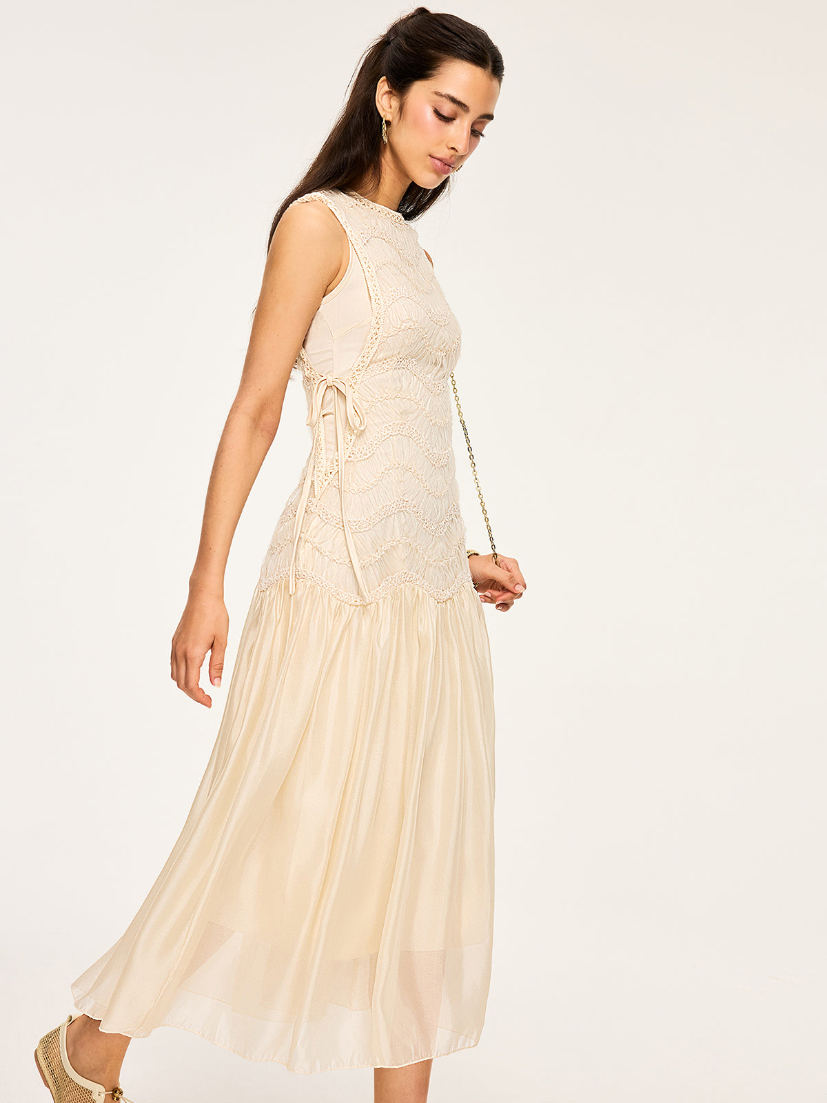 Semi-Sheer Textured Fabric Panel Tulle Dress-Massicos