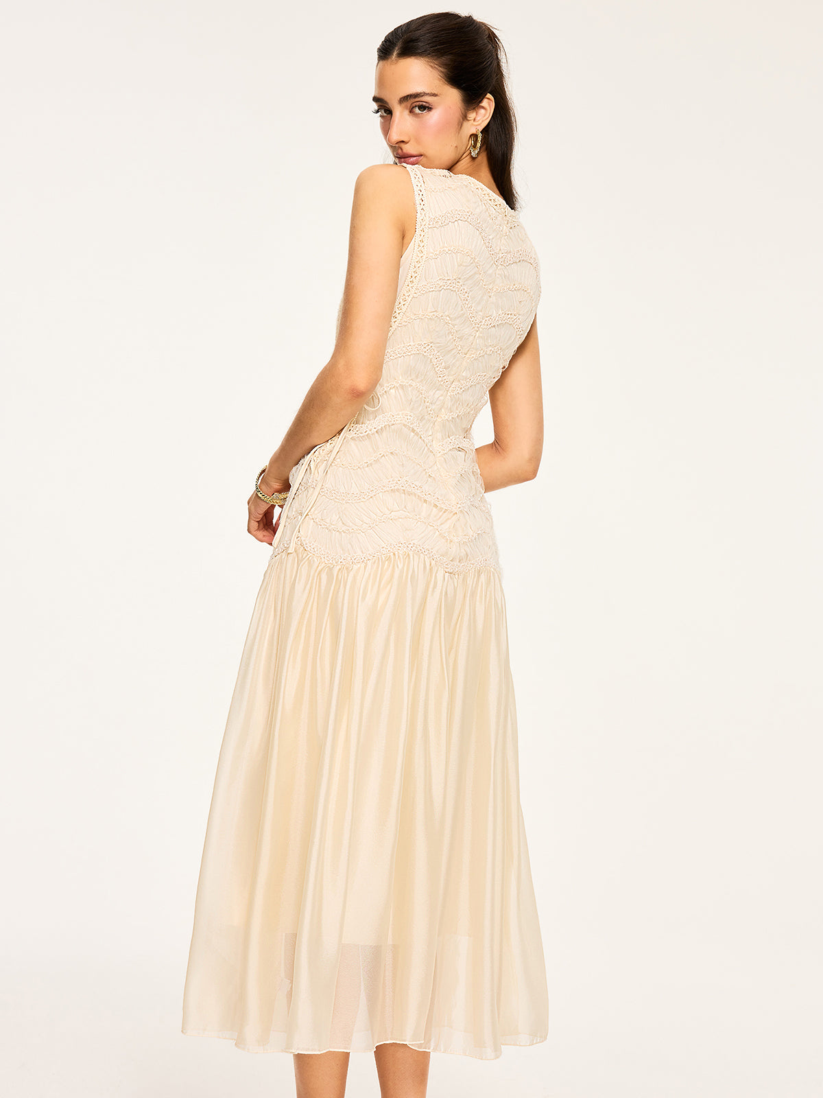 Semi-Sheer Textured Fabric Panel Tulle Dress-Massicos