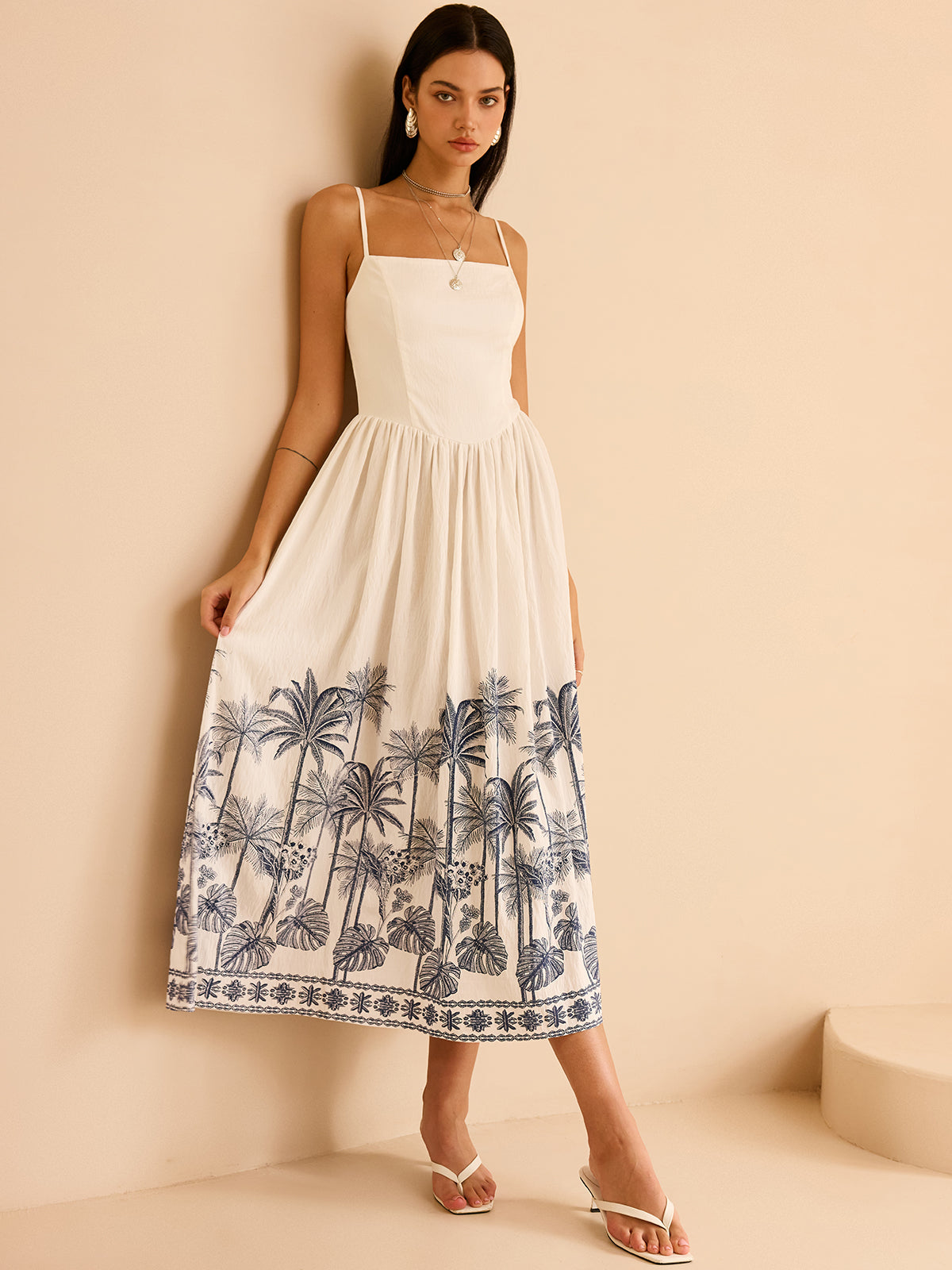 Semi-Sheer Tropical Palm Print Tie-Back Maxi Dress-Massicos
