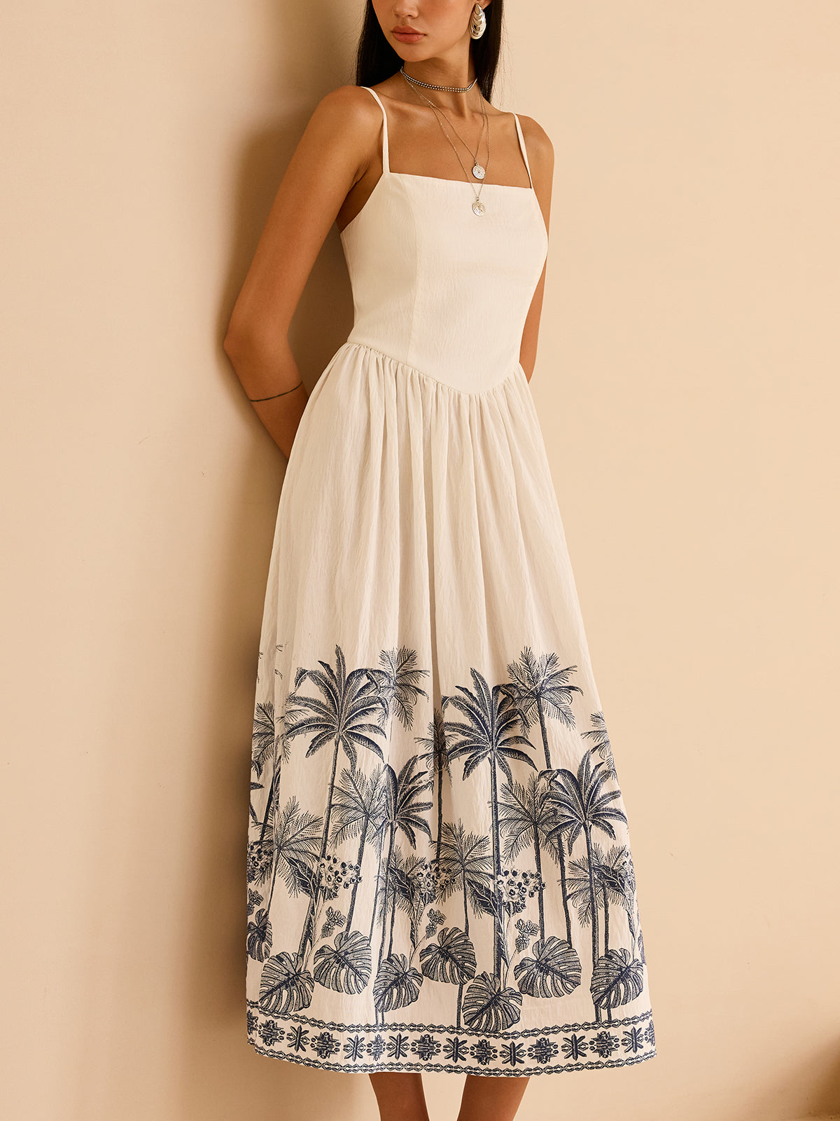 Semi-Sheer Tropical Palm Print Tie-Back Maxi Dress-Massicos