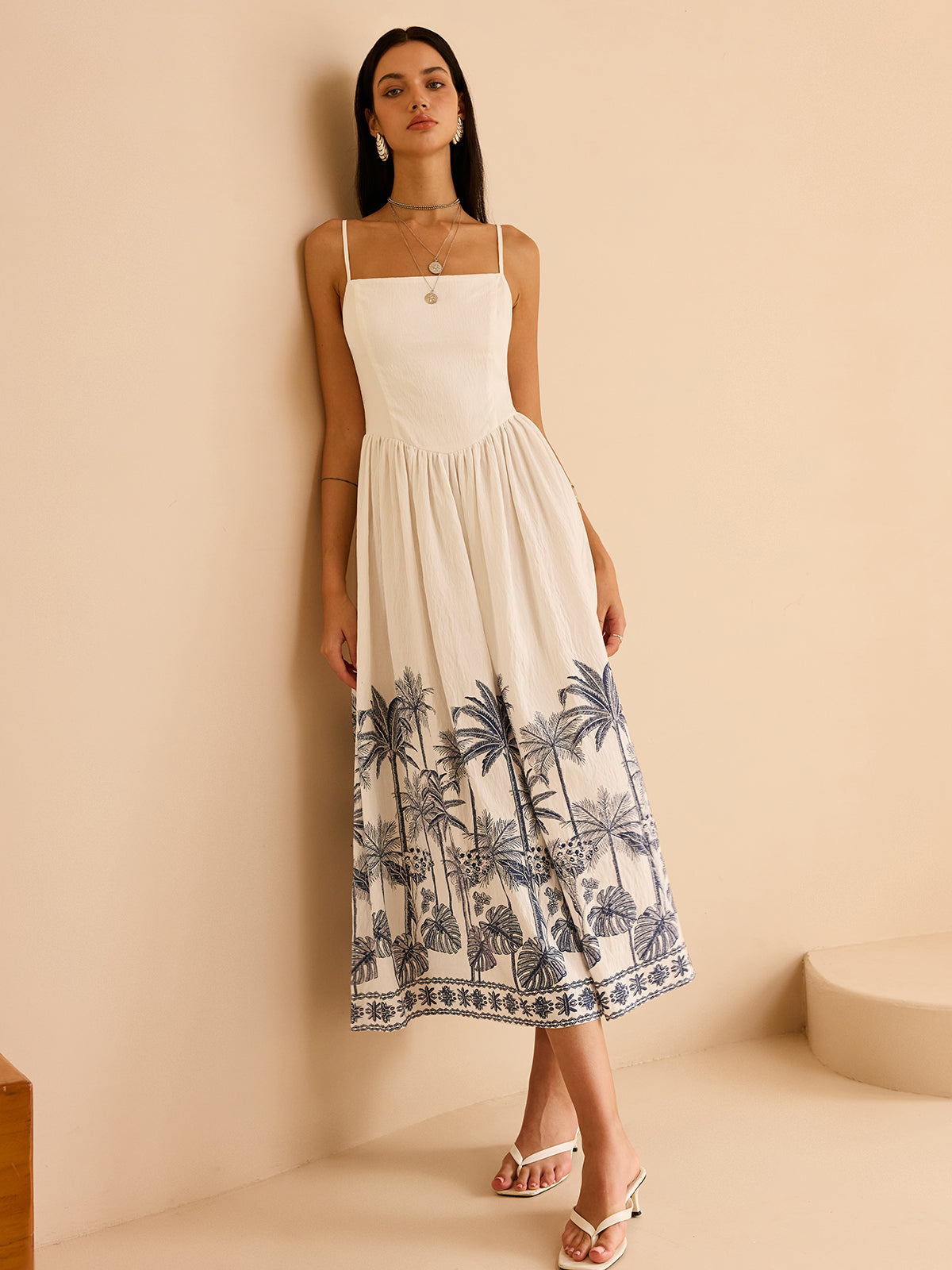 Semi-Sheer Tropical Palm Print Tie-Back Maxi Dress-Massicos