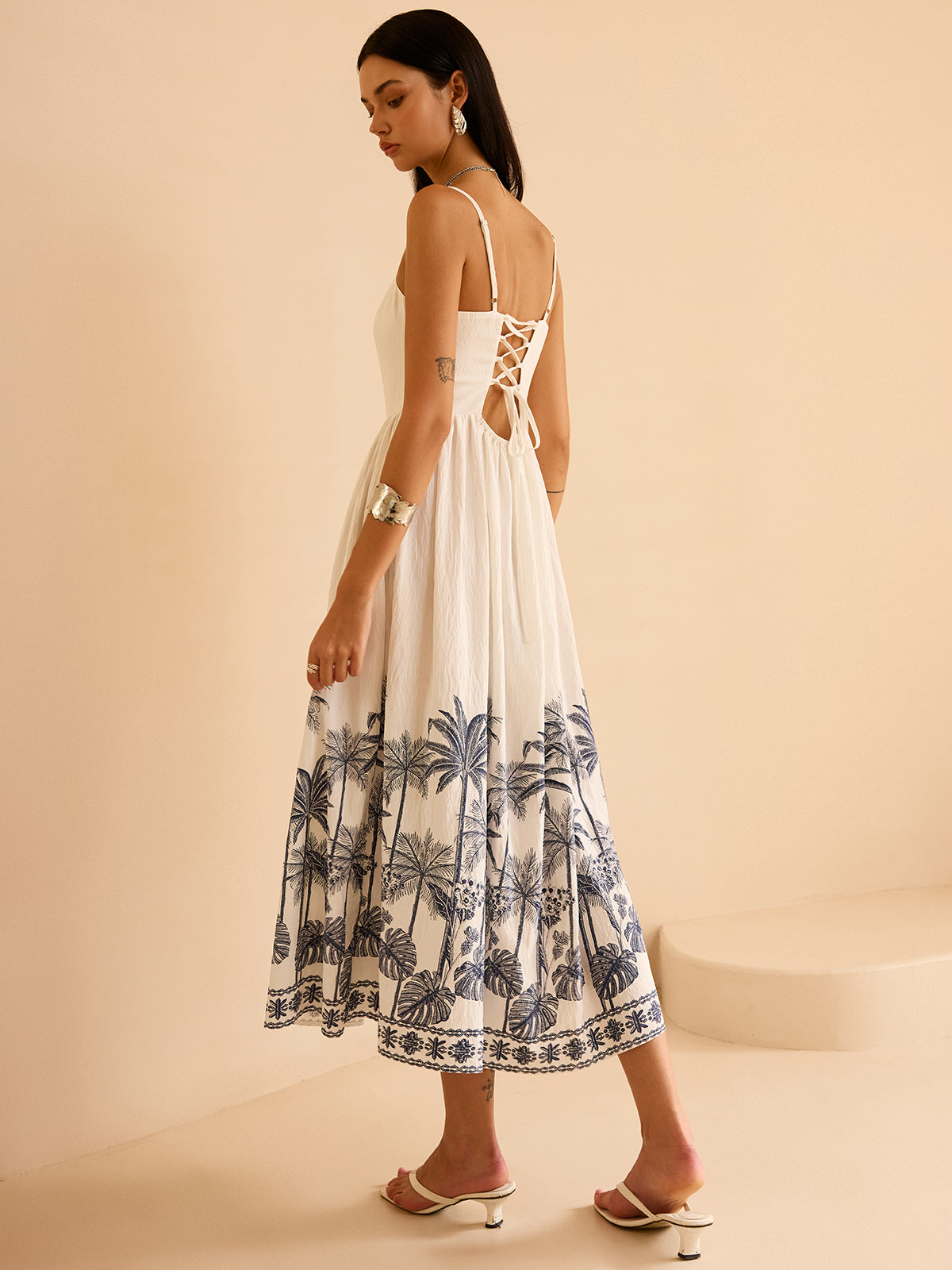 Semi-Sheer Tropical Palm Print Tie-Back Maxi Dress-Massicos
