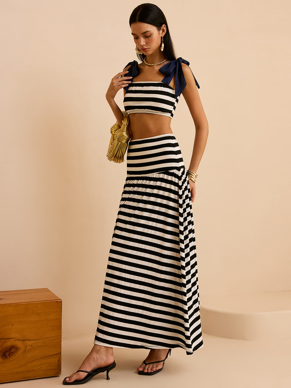 Striped Skirt Set with Bow Straps-Massicos