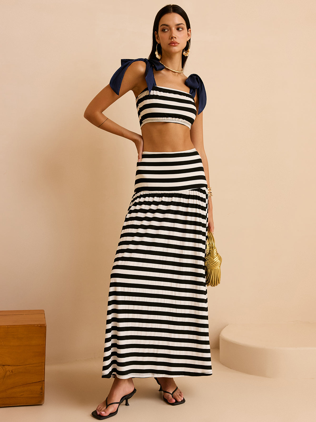 Striped Skirt Set with Bow Straps-Massicos