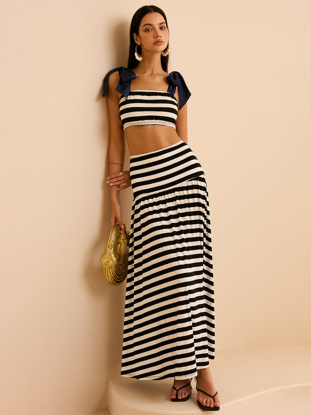 Striped Skirt Set with Bow Straps-Massicos